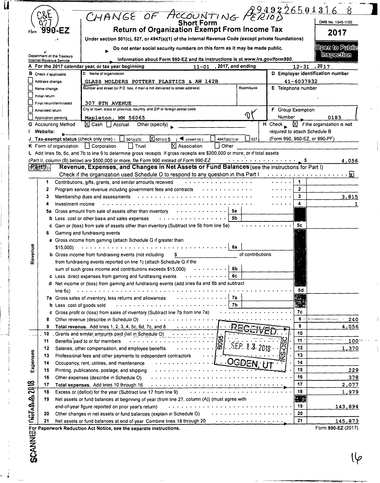 Image of first page of 2017 Form 990EO for United Steelworkers - 00142b Local