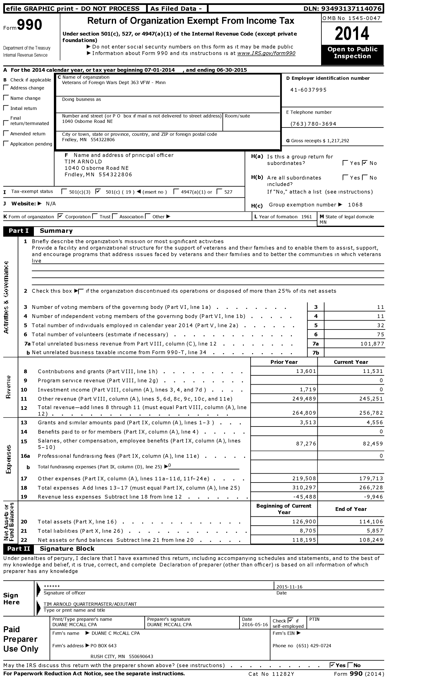 Image of first page of 2014 Form 990O for MN VFW - VFW Post 363