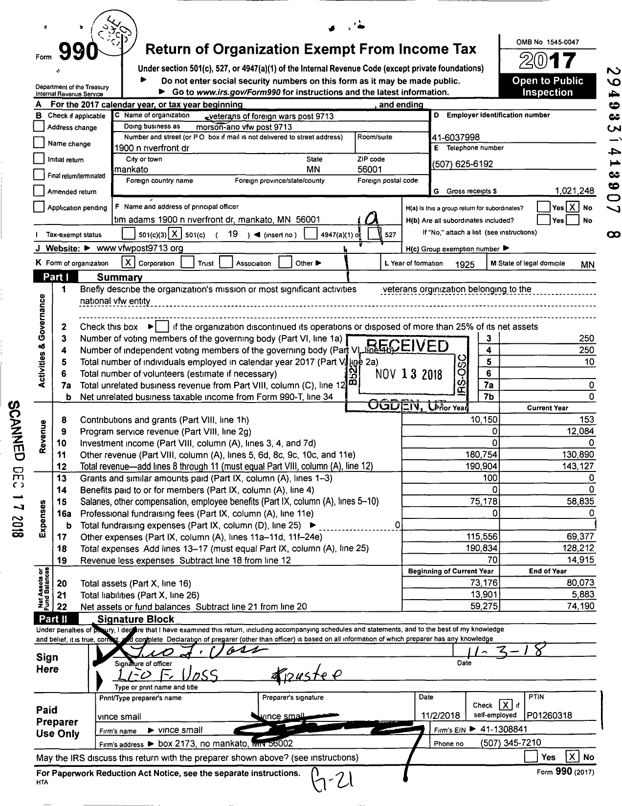 Image of first page of 2017 Form 990O for MN VFW - Morson-Ario VFW Post 9713