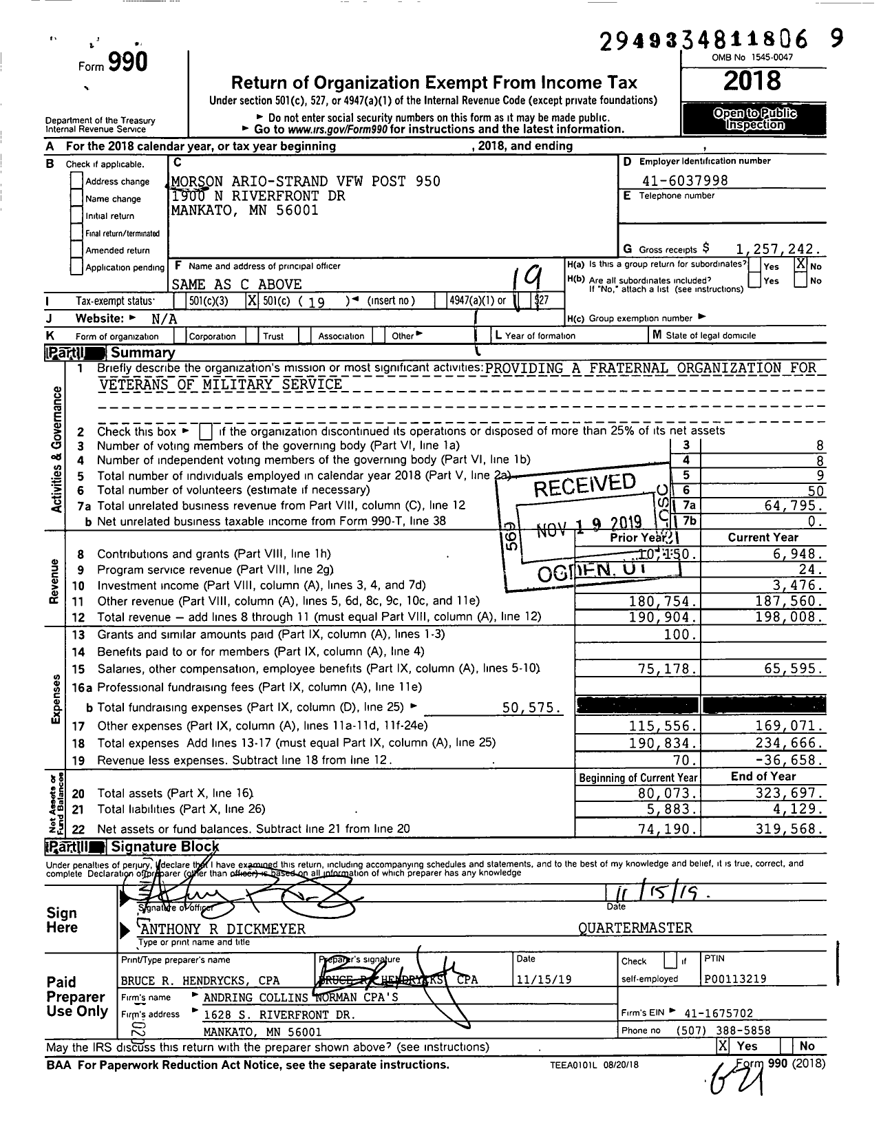 Image of first page of 2018 Form 990O for MN VFW - Morson-Ario VFW Post 9713