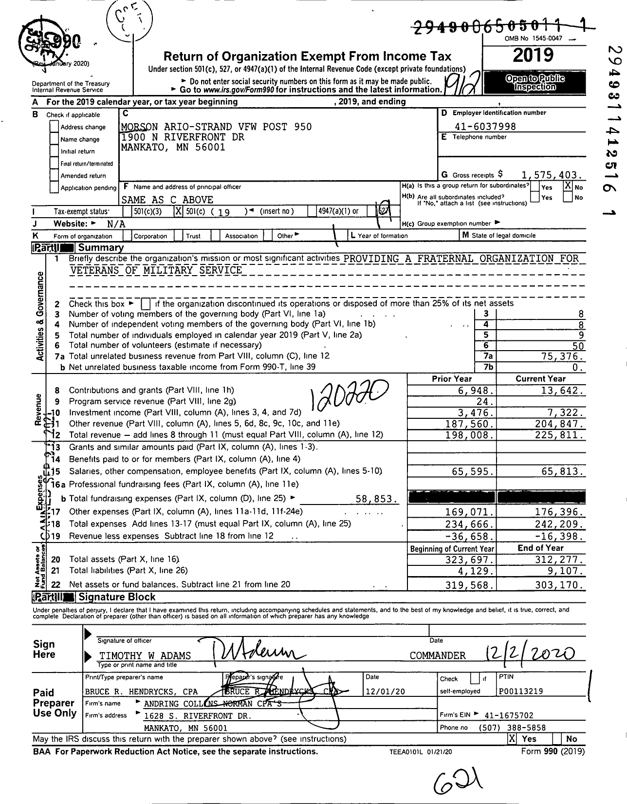 Image of first page of 2019 Form 990O for MN VFW - Morson-Ario VFW Post 9713