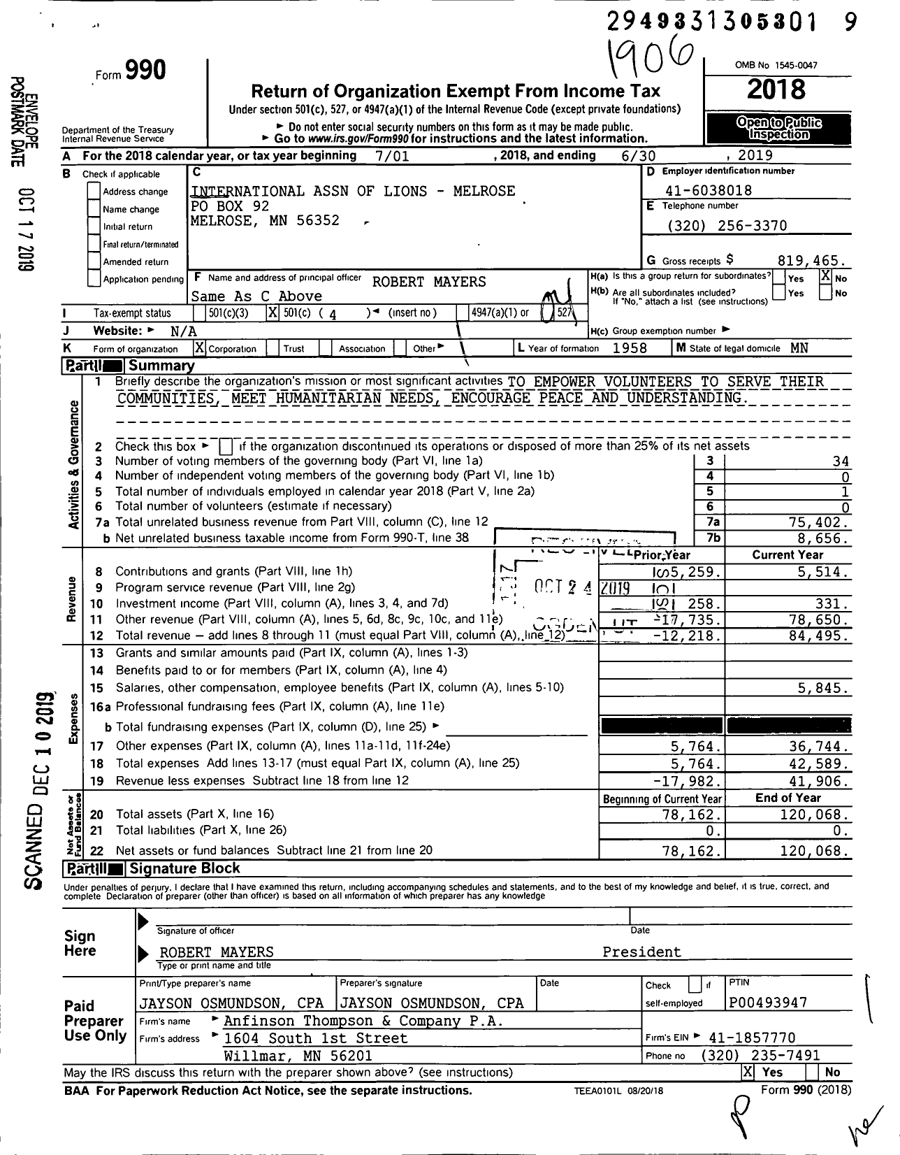 Image of first page of 2018 Form 990O for Lions Clubs - 3157 Melrose