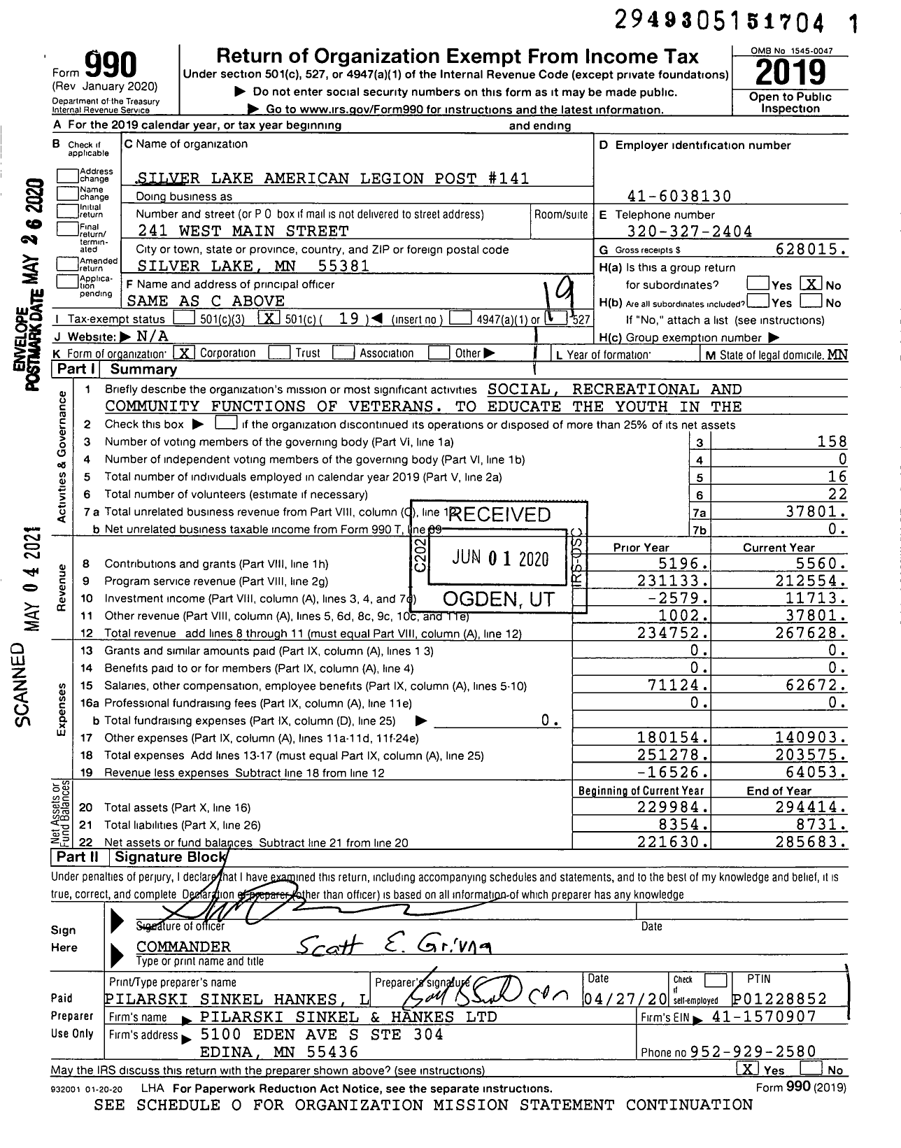 Image of first page of 2019 Form 990O for Silver Lake American Legion Post 141