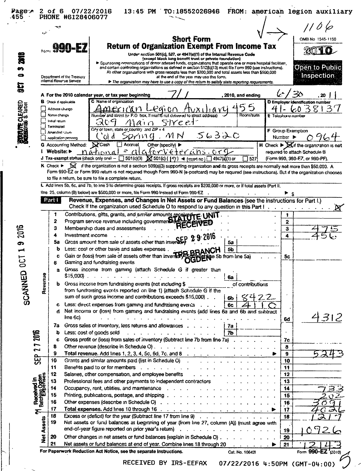 Image of first page of 2010 Form 990EO for American Legion Auxiliary / 455 Frank Kray Unit