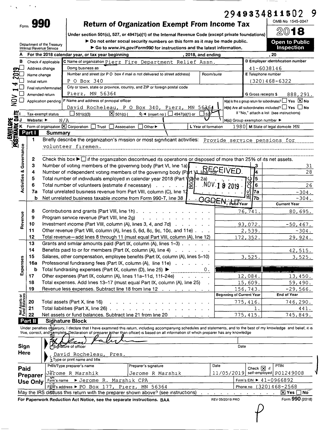 Image of first page of 2018 Form 990O for Pierz Fire Department Relief Assn