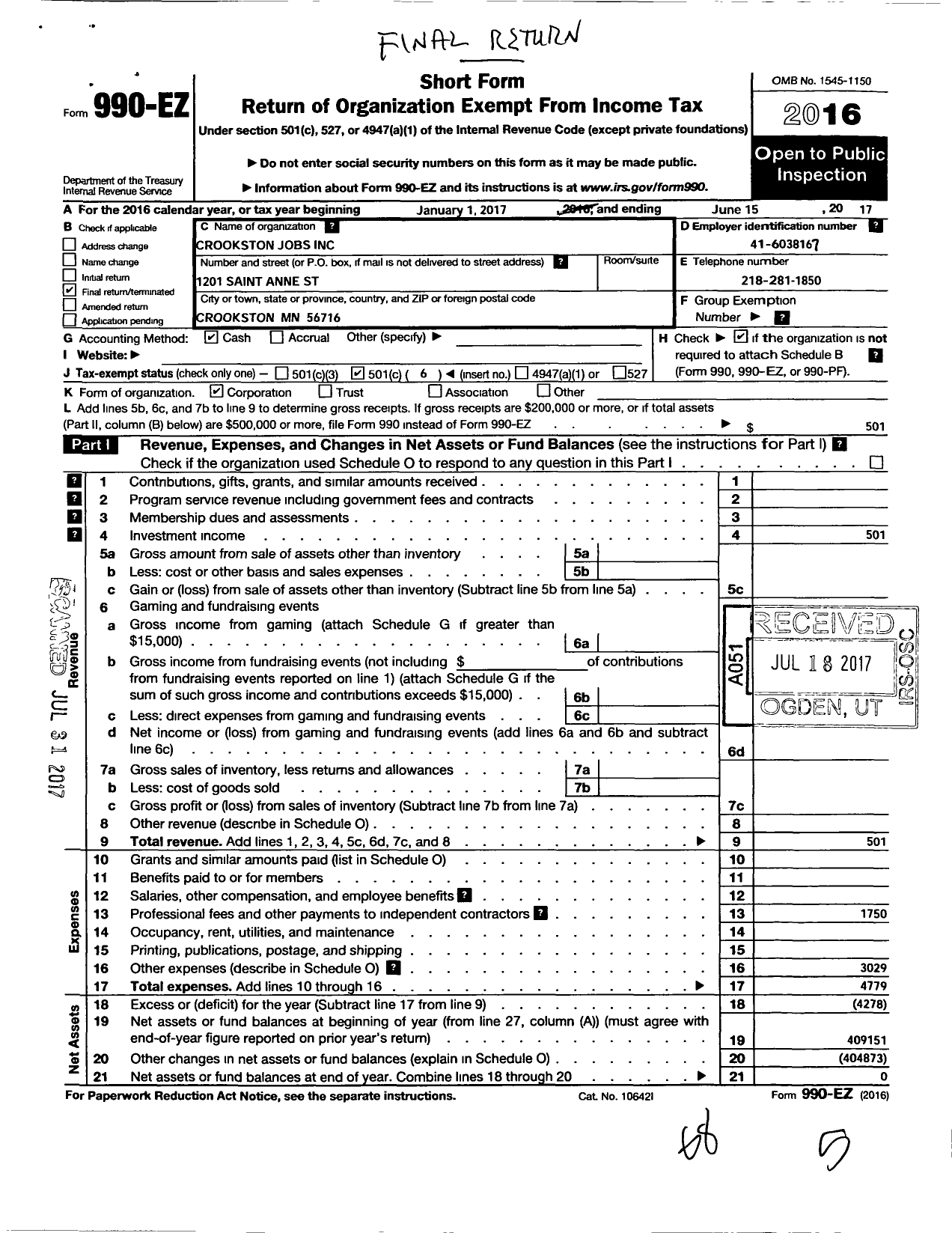 Image of first page of 2016 Form 990EO for Crookston Jobs