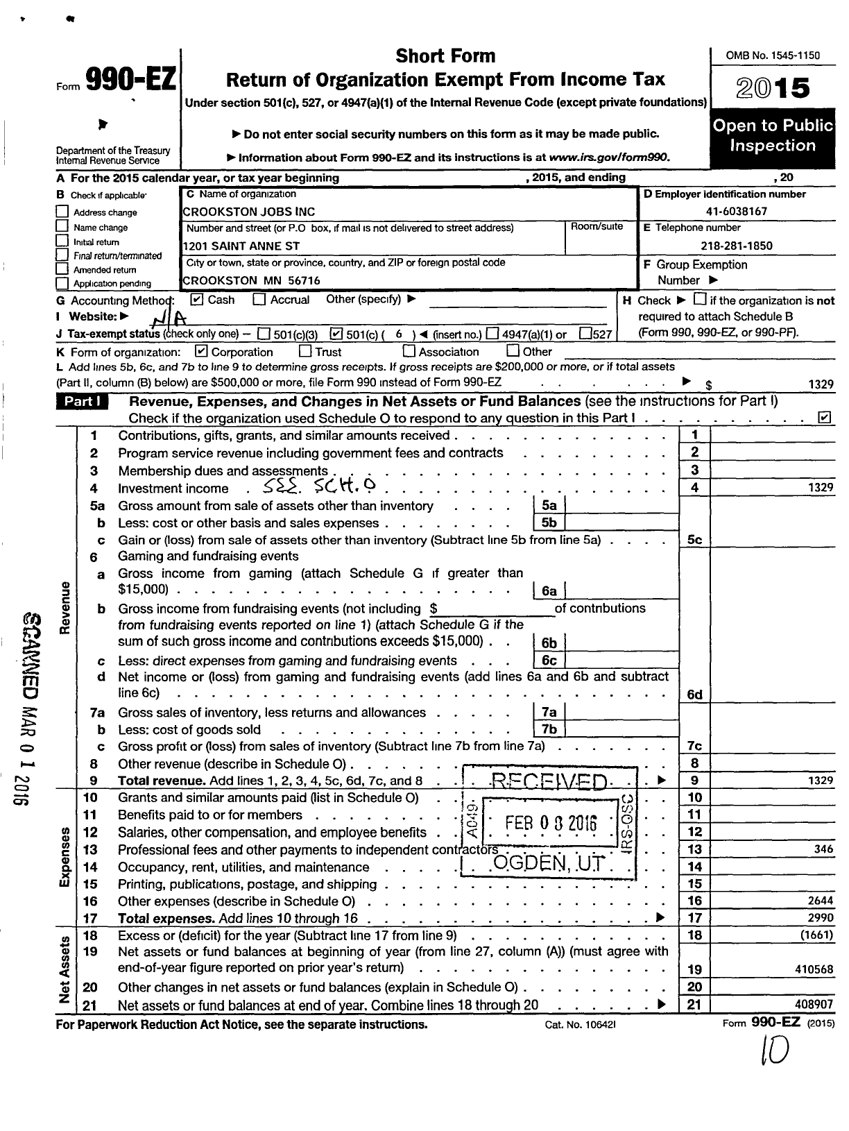 Image of first page of 2015 Form 990EO for Crookston Jobs