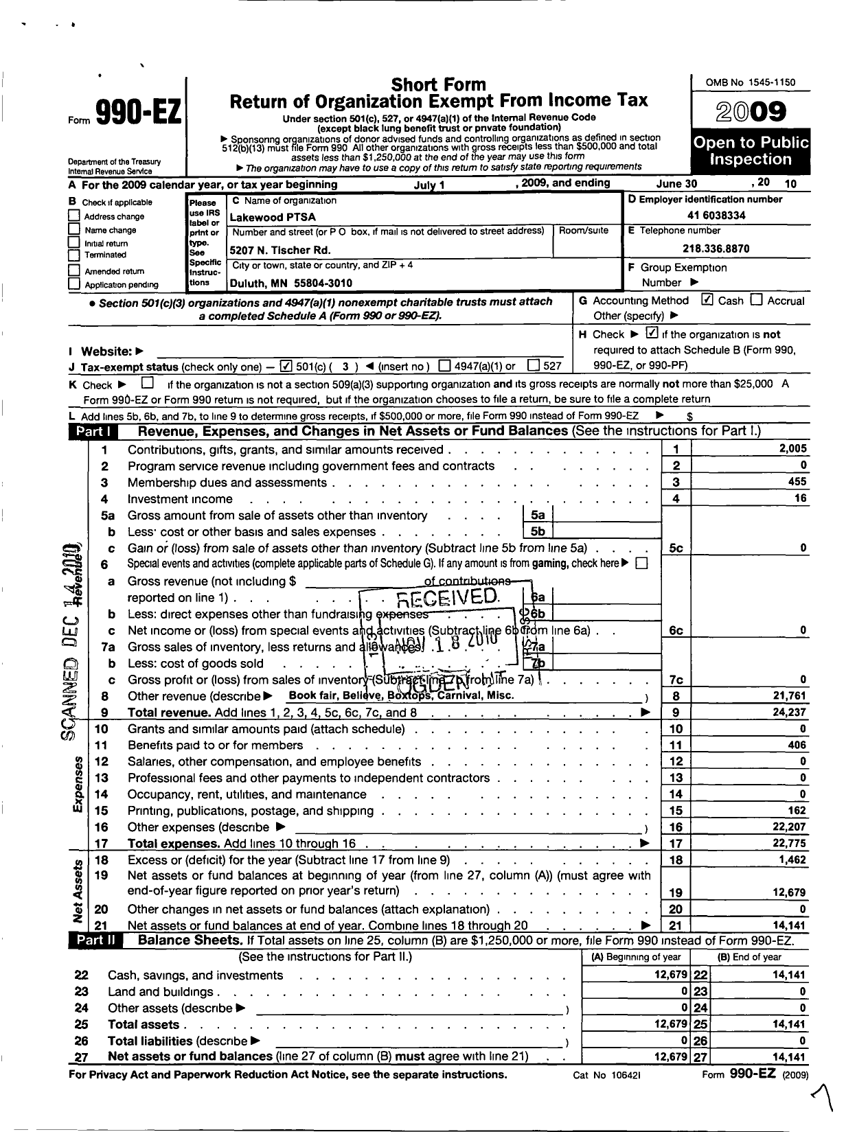 Image of first page of 2009 Form 990EZ for Lakewood Ptsa