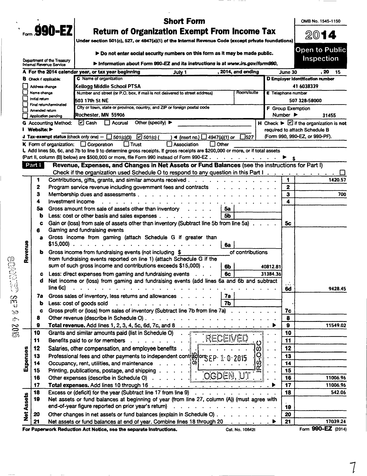 Image of first page of 2014 Form 990EO for Minnesota Congress of Parents and Teachers / Kellogg Middle School Ptsa