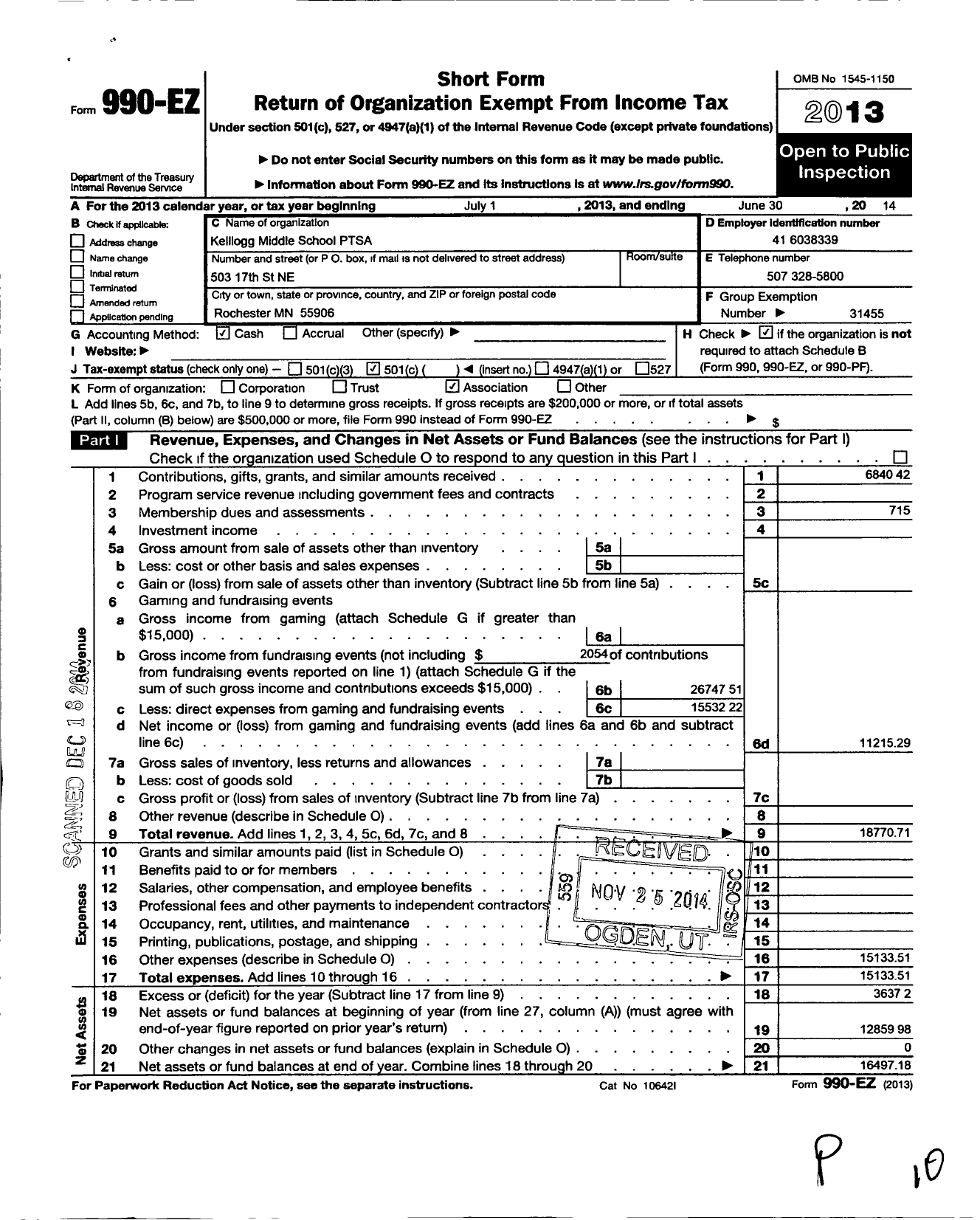 Image of first page of 2013 Form 990EO for Kellogg Middle School Ptsa