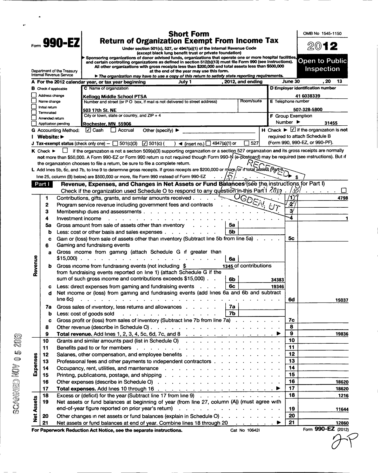 Image of first page of 2012 Form 990EO for Kellogg Middle School Ptsa