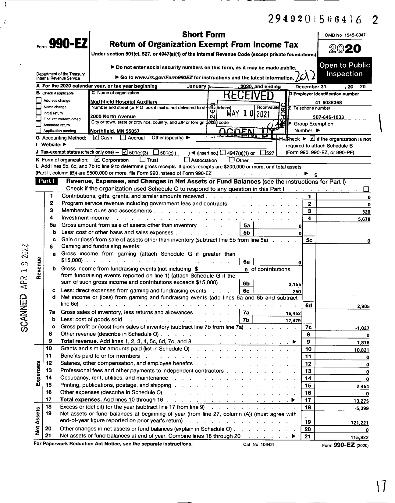 Image of first page of 2020 Form 990EZ for Northfield City Hospital Auxiliary