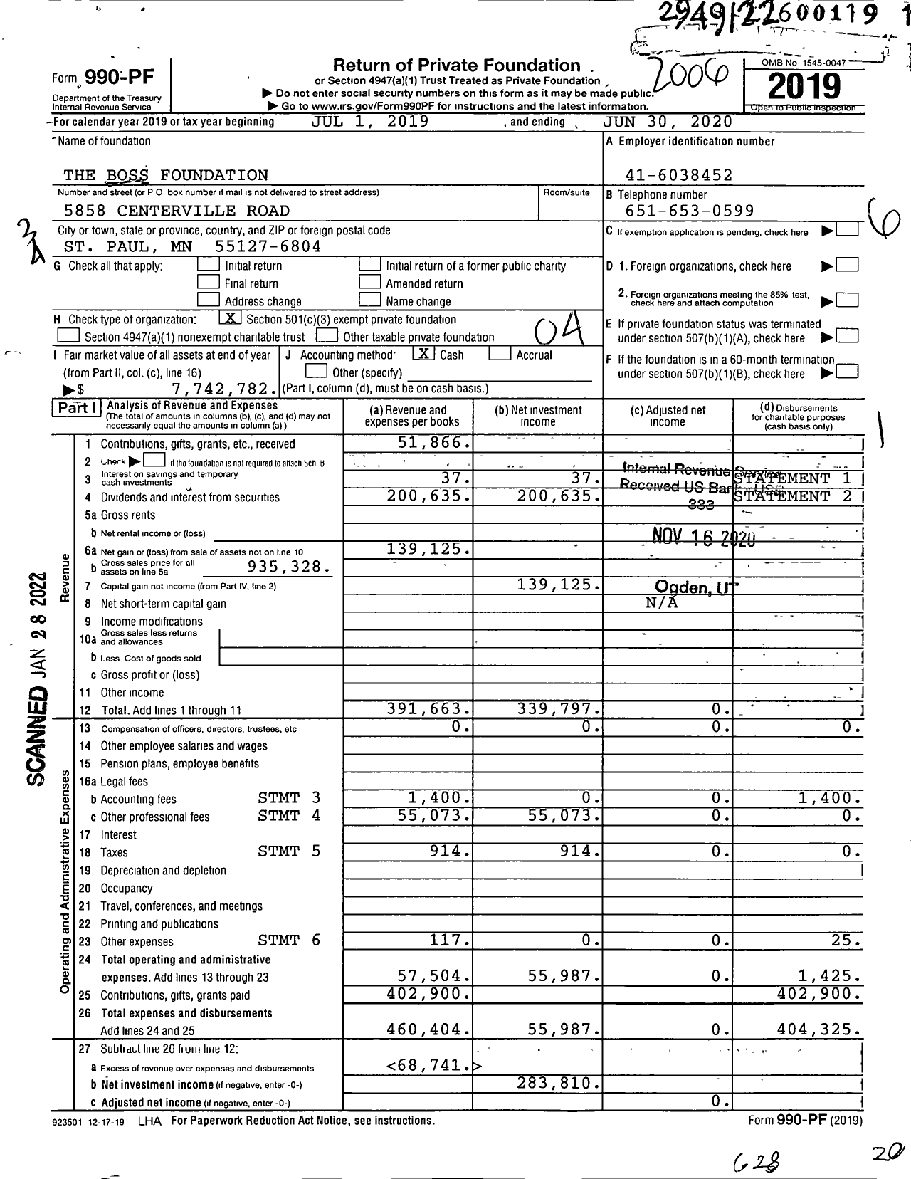 Image of first page of 2019 Form 990PF for William Boss Foundation