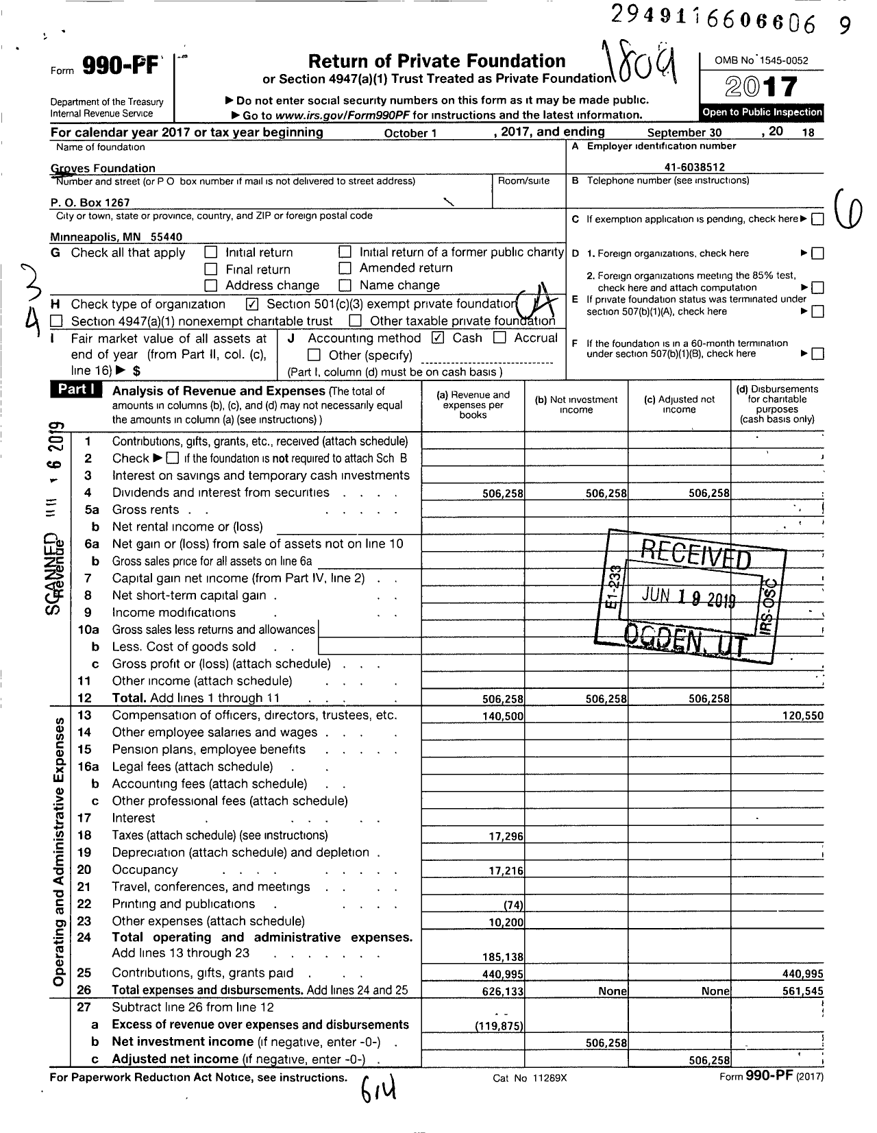 Image of first page of 2017 Form 990PF for Groves Foundation
