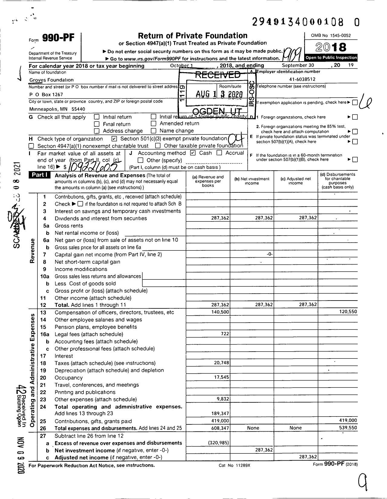 Image of first page of 2018 Form 990PF for Groves Foundation
