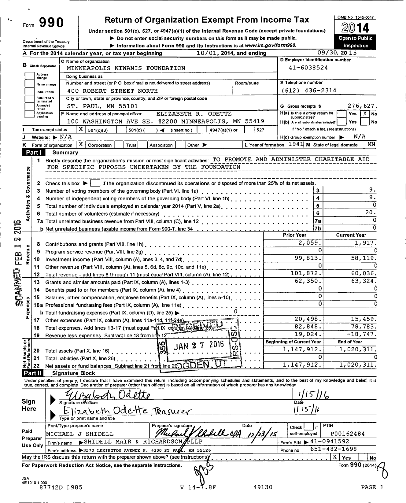 Image of first page of 2014 Form 990 for Minneapolis Kiwanis Foundation