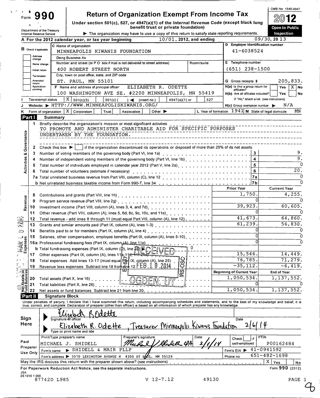 Image of first page of 2012 Form 990 for Minneapolis Kiwanis Foundation