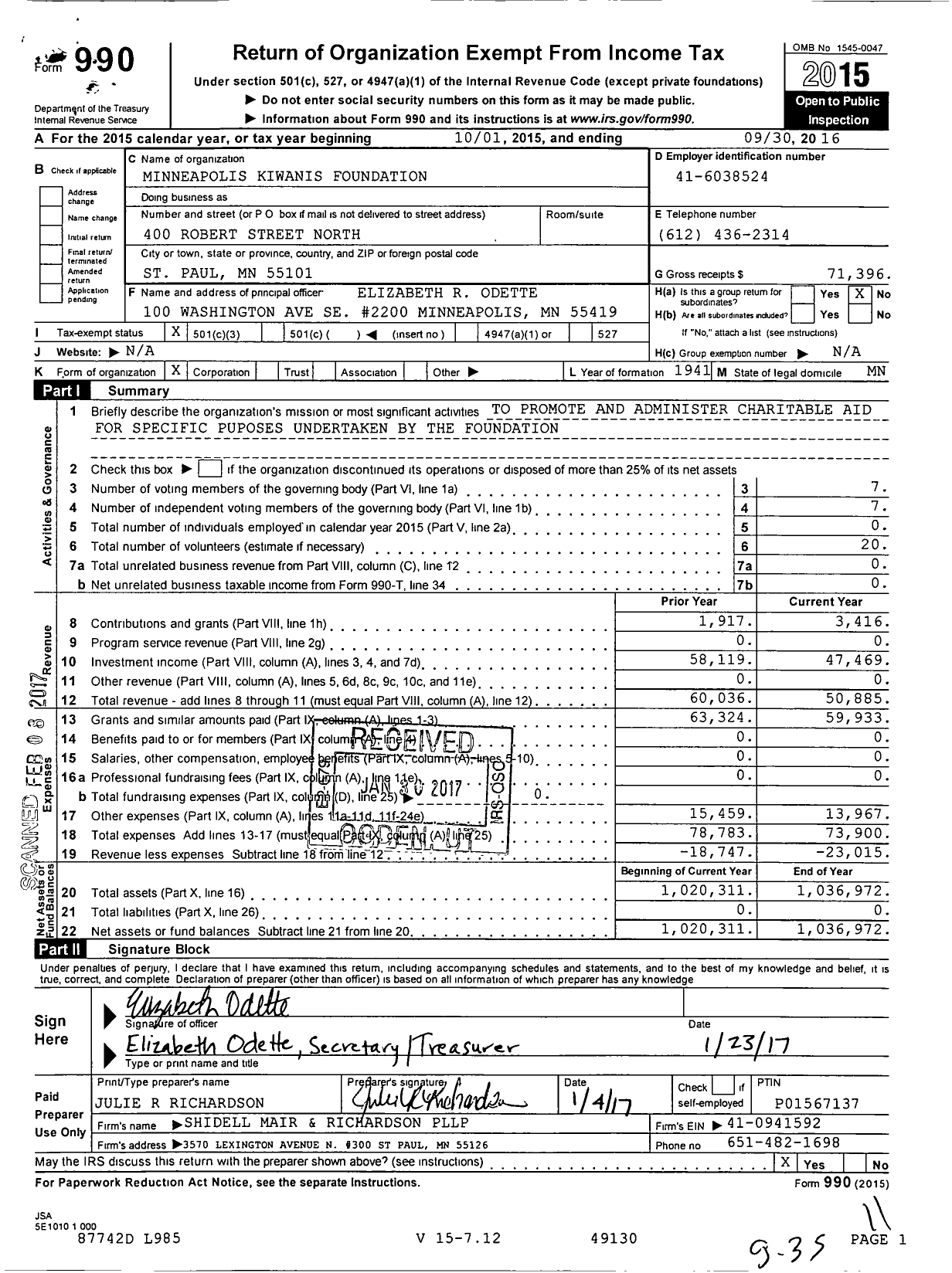 Image of first page of 2015 Form 990 for Minneapolis Kiwanis Foundation