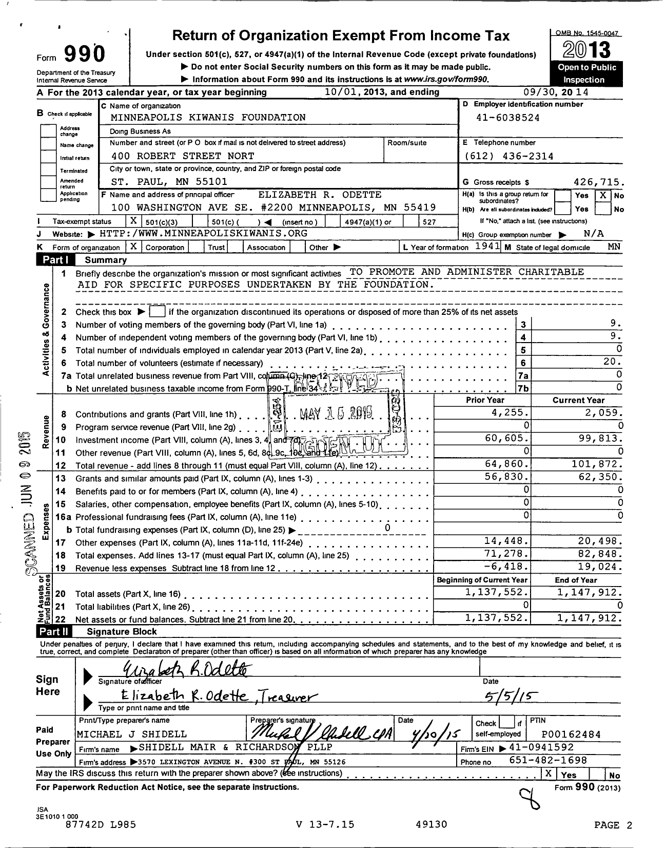 Image of first page of 2013 Form 990 for Minneapolis Kiwanis Foundation