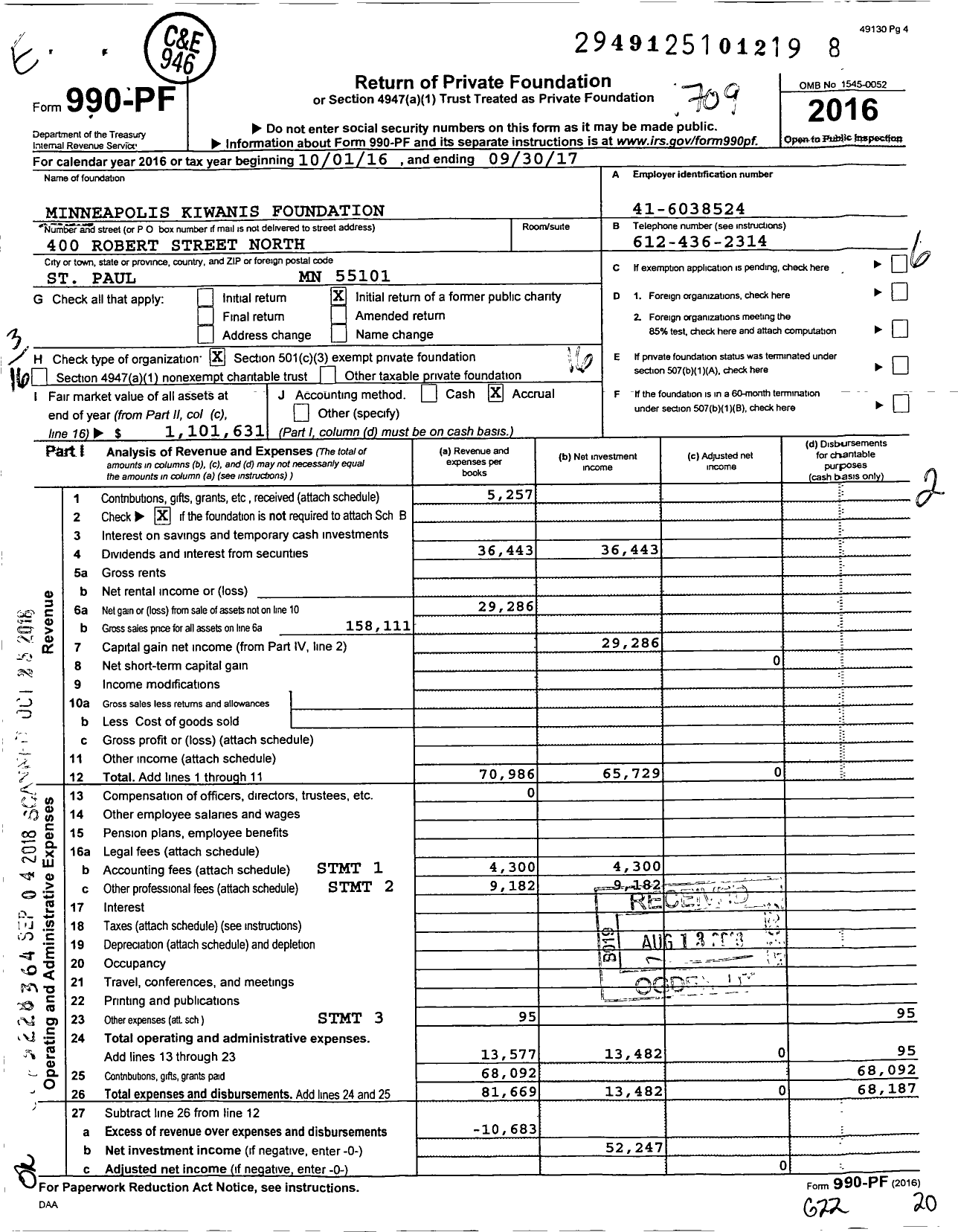 Image of first page of 2016 Form 990PF for Minneapolis Kiwanis Foundation