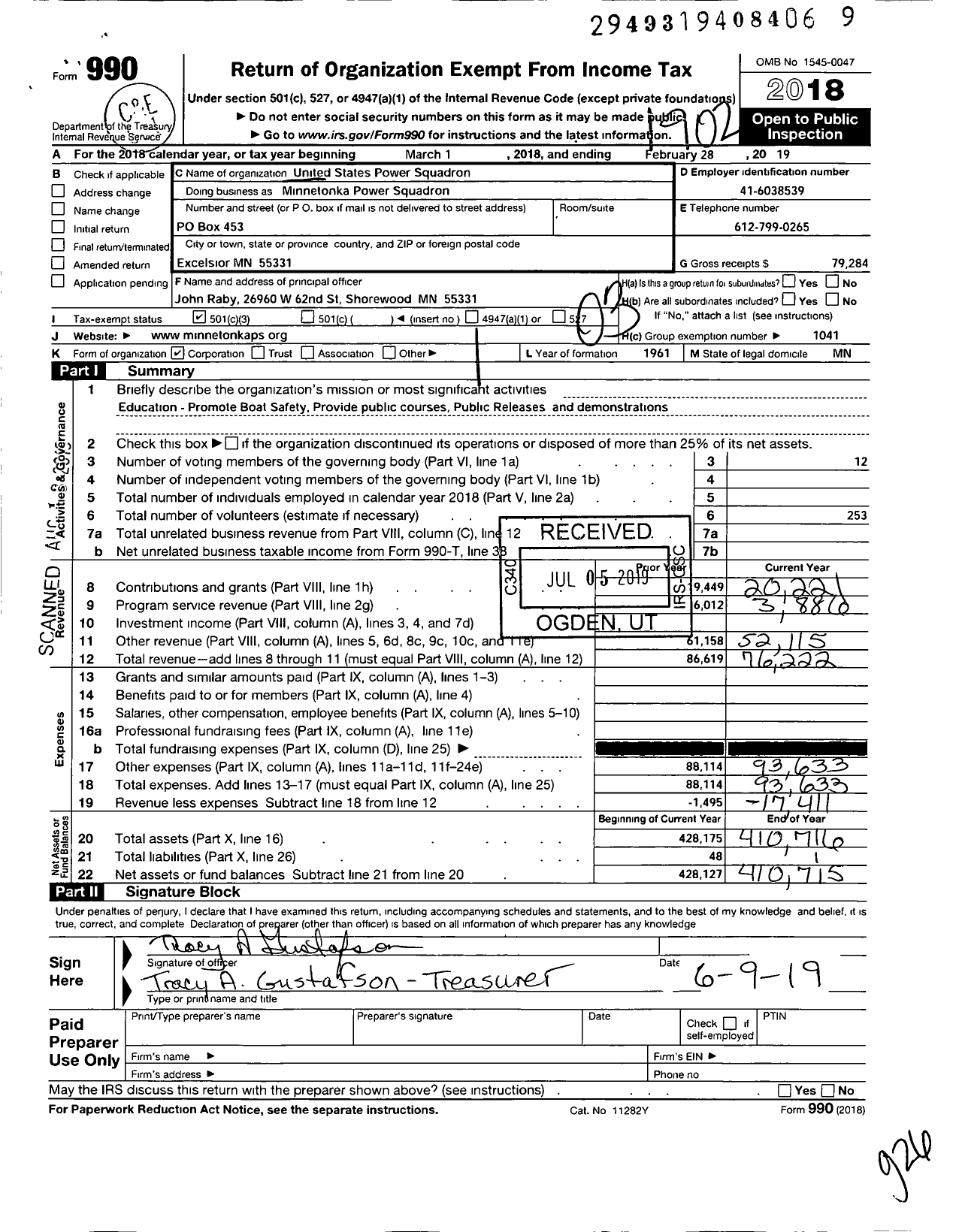 Image of first page of 2018 Form 990 for United States Power Squadrons - Minnetonka Power Squadron