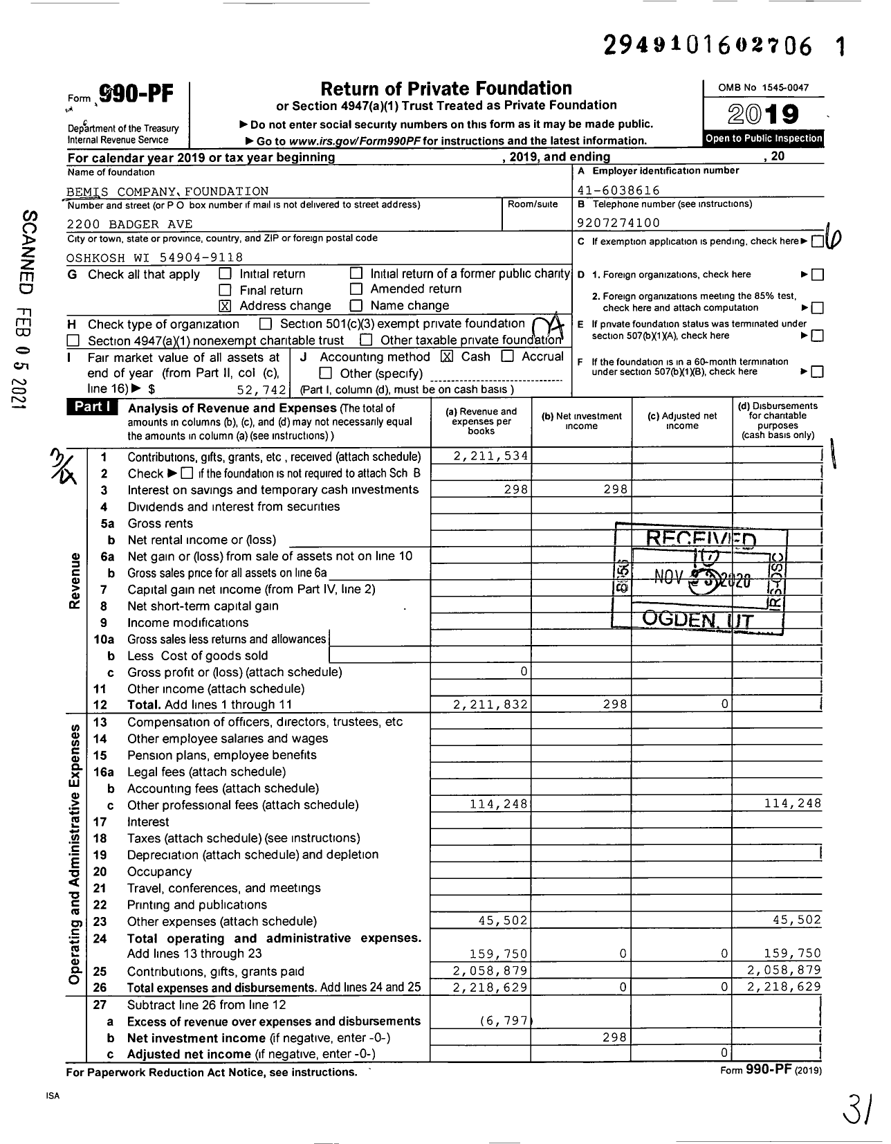 Image of first page of 2019 Form 990PF for The Amcor Cares Foundation