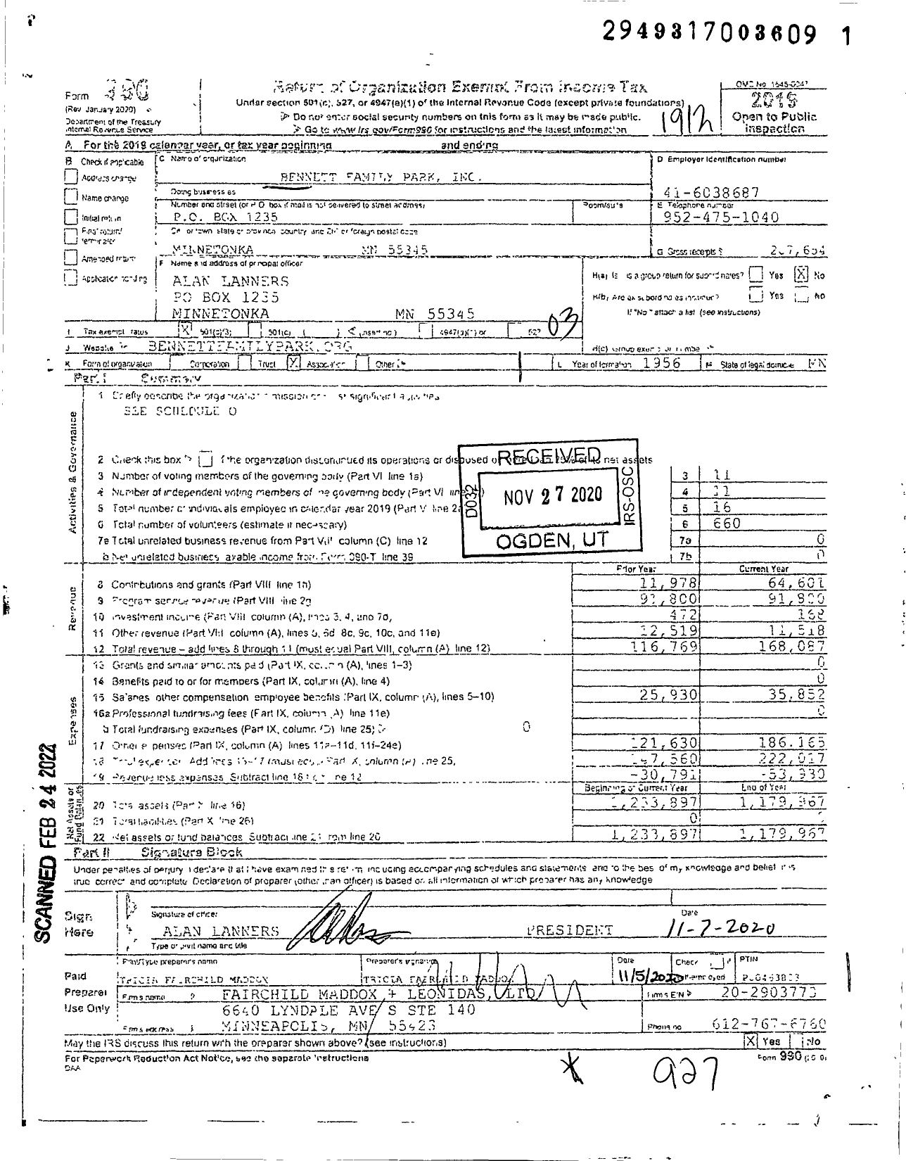 Image of first page of 2019 Form 990 for Bennett Family Park