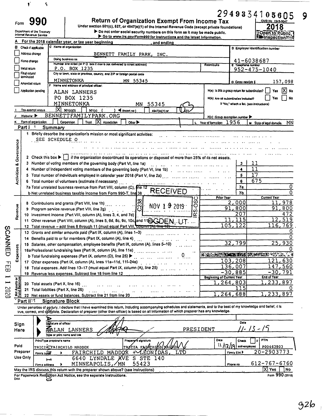 Image of first page of 2018 Form 990 for Bennett Family Park