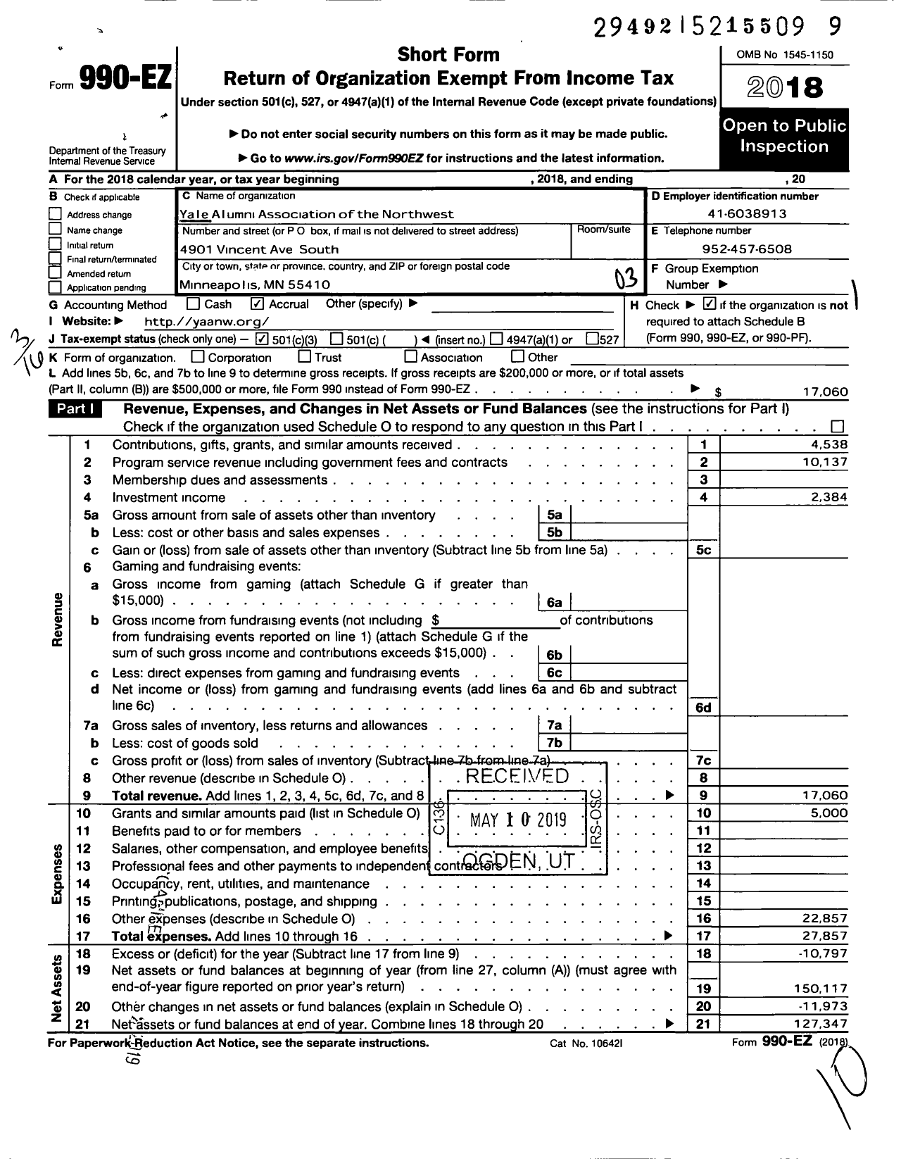 Image of first page of 2018 Form 990EZ for Yale Alumni Association of the Northwest