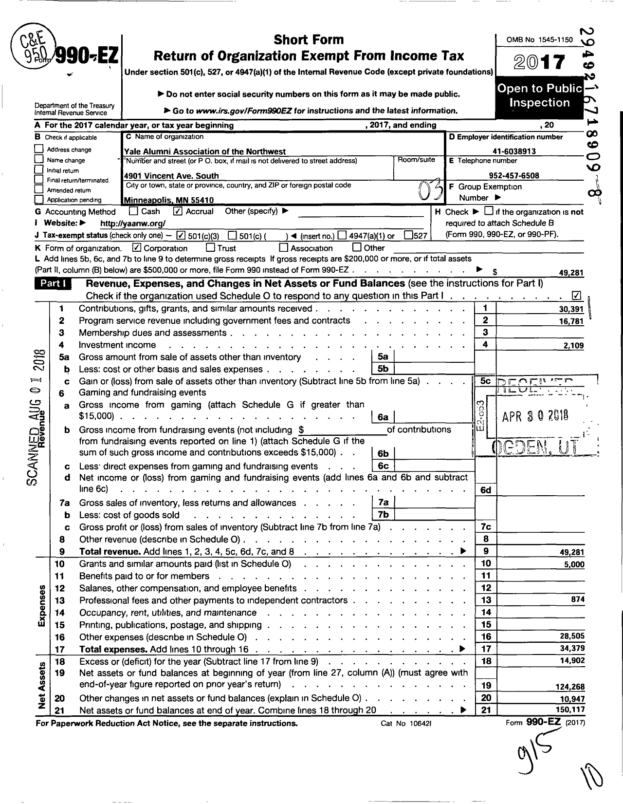 Image of first page of 2017 Form 990EZ for Yale Alumni Association of the Northwest
