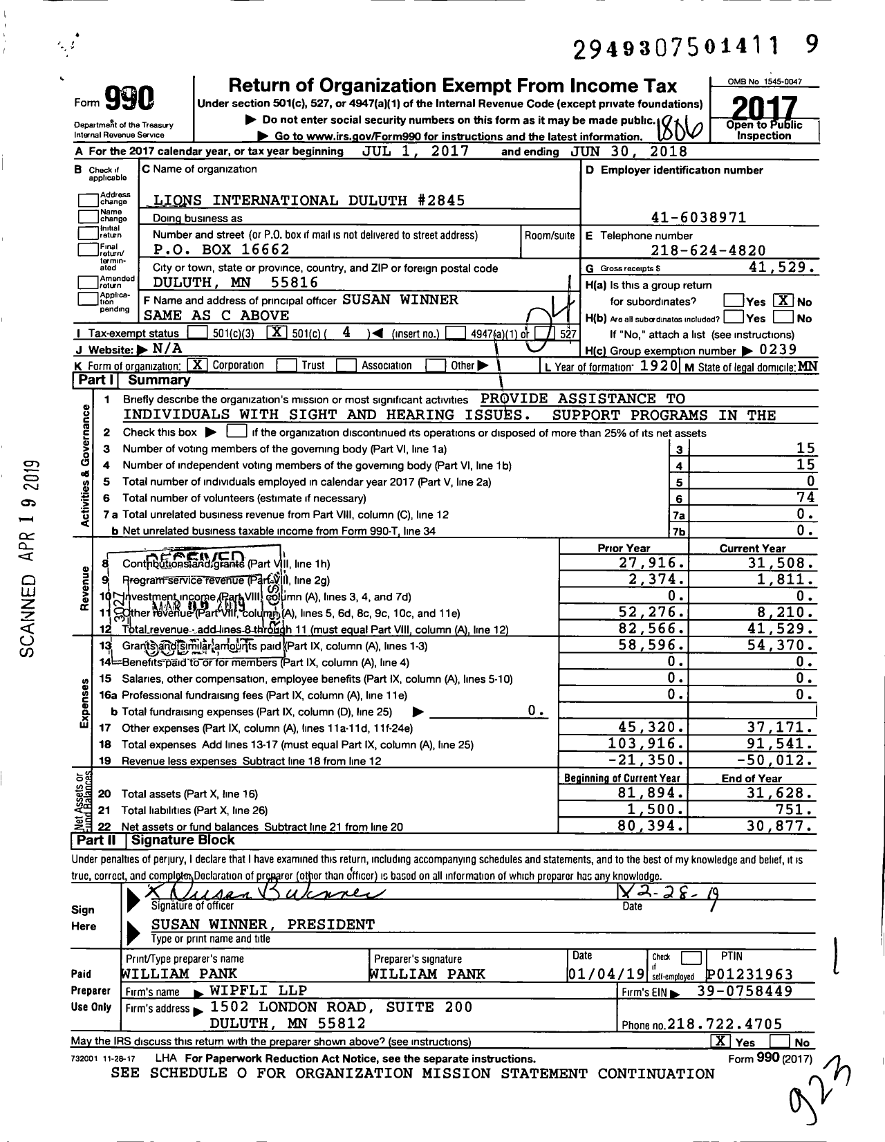 Image of first page of 2017 Form 990O for Lions Clubs - Duluth Lions Club of Duluth