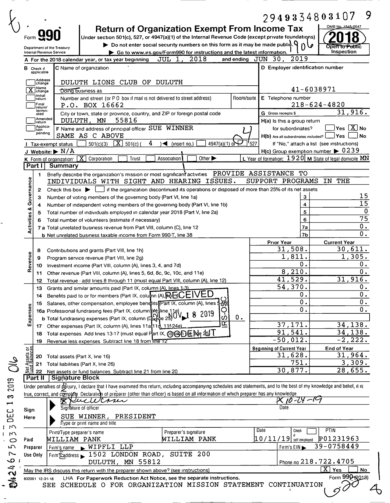 Image of first page of 2018 Form 990O for Lions Clubs - Duluth Lions Club of Duluth