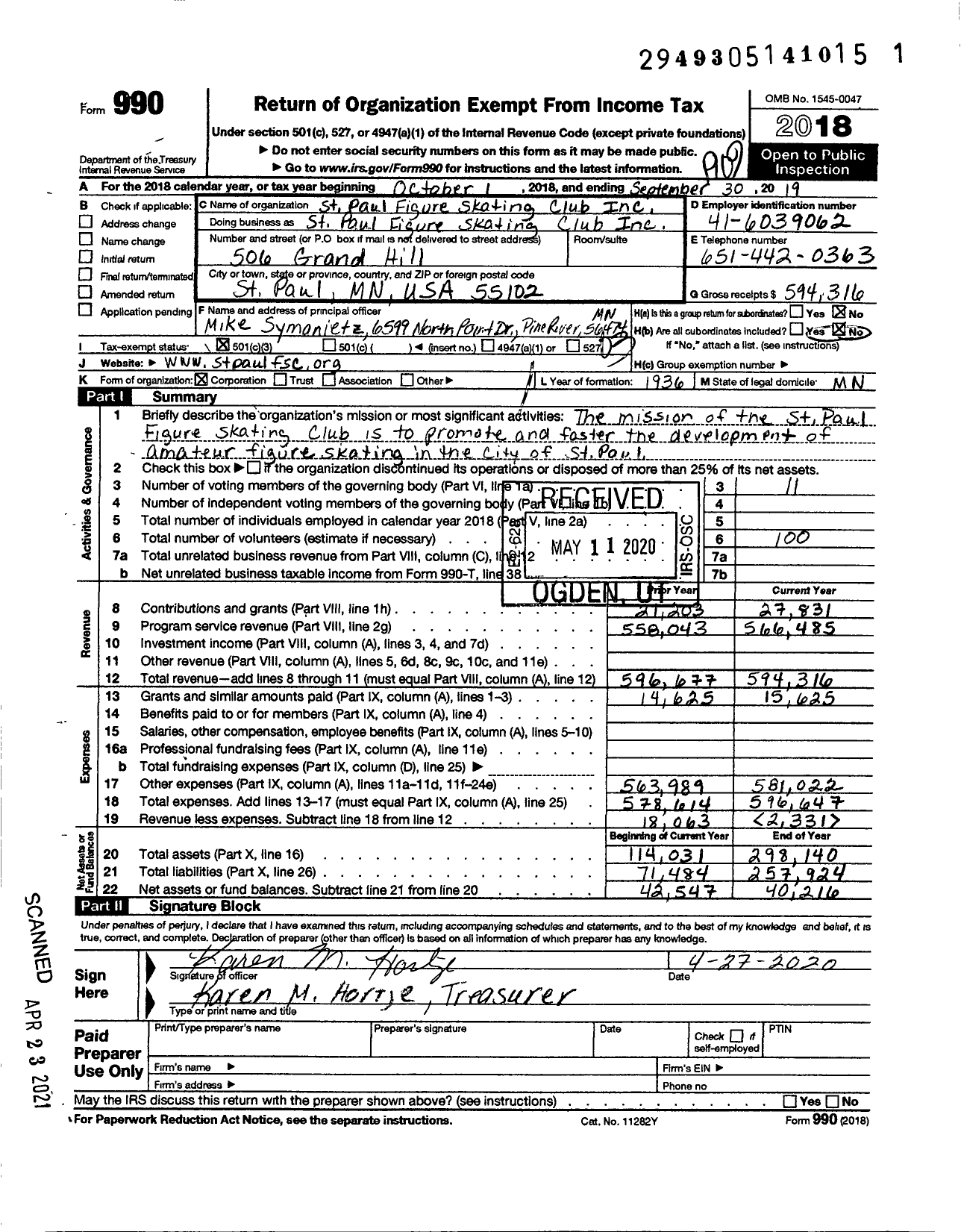 Image of first page of 2018 Form 990 for St Paul Figure Skating Club