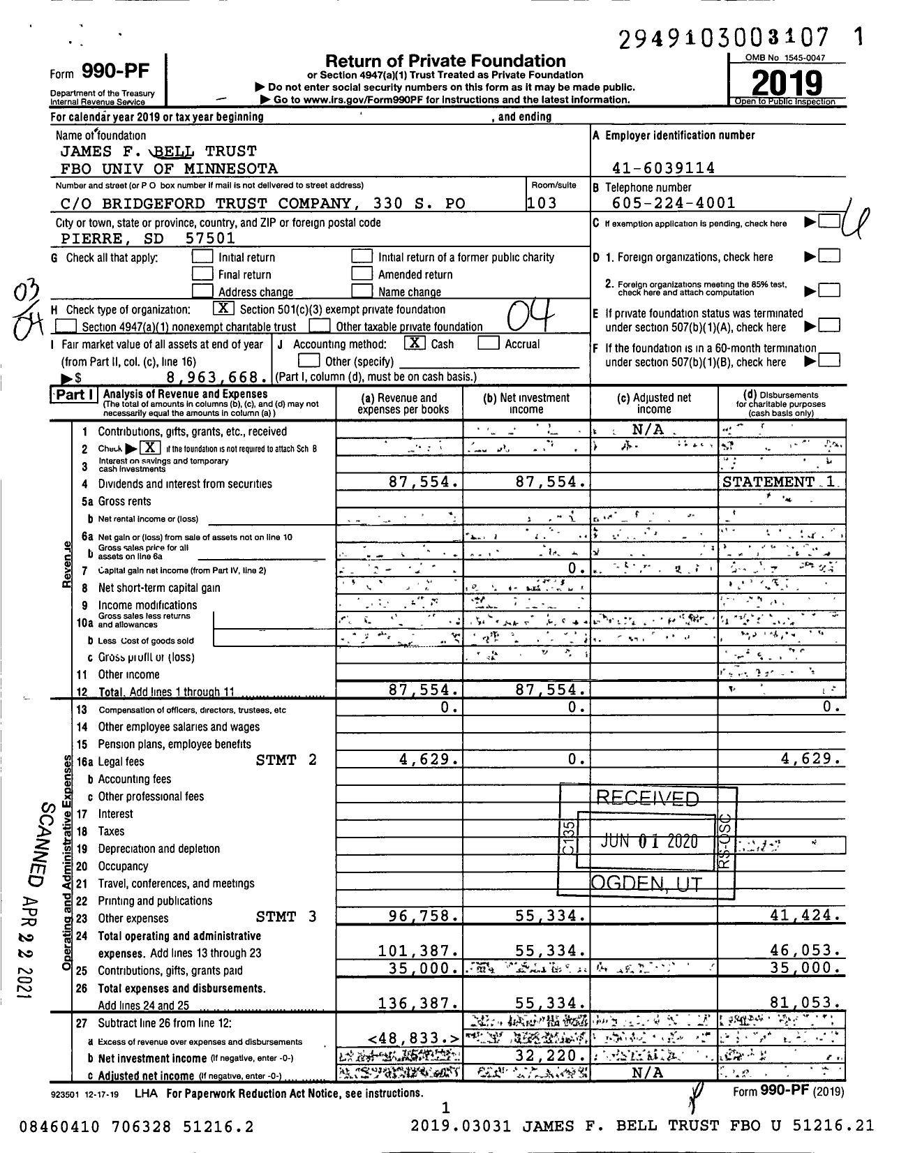 Image of first page of 2019 Form 990PF for James F Bell Trust Fbo Univ of Minnesota