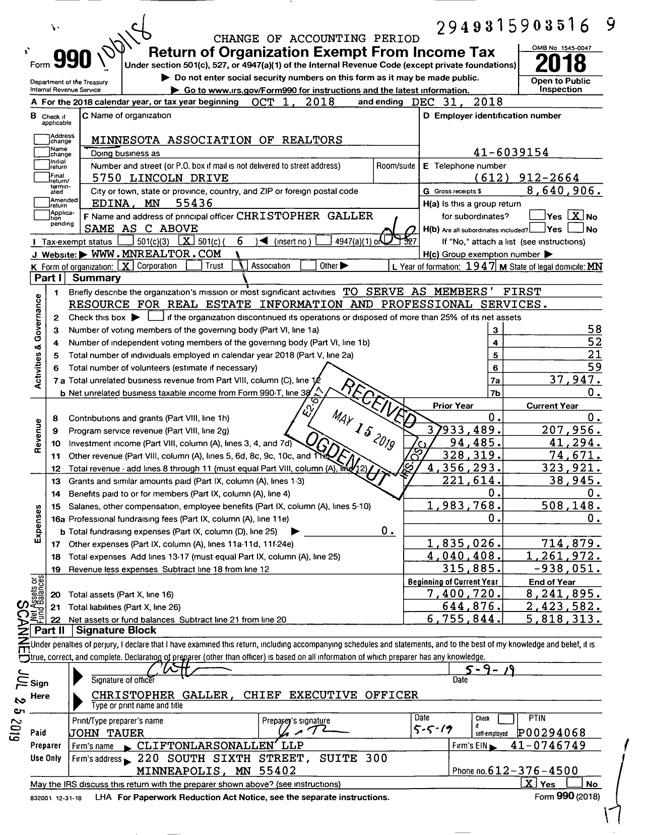 Image of first page of 2018 Form 990O for Minnesota Association of Realtors