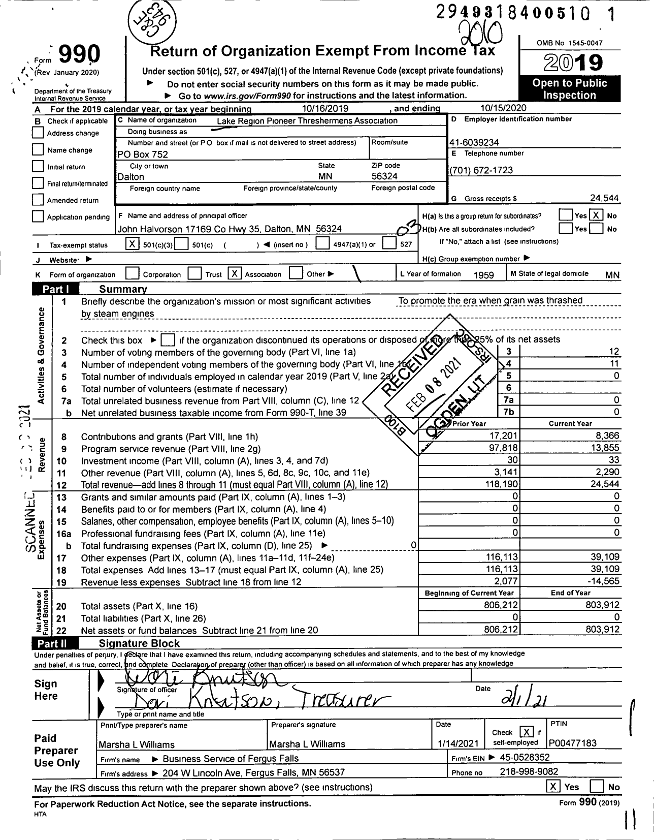 Image of first page of 2019 Form 990 for Lake Region Pioneer Threshermens Association