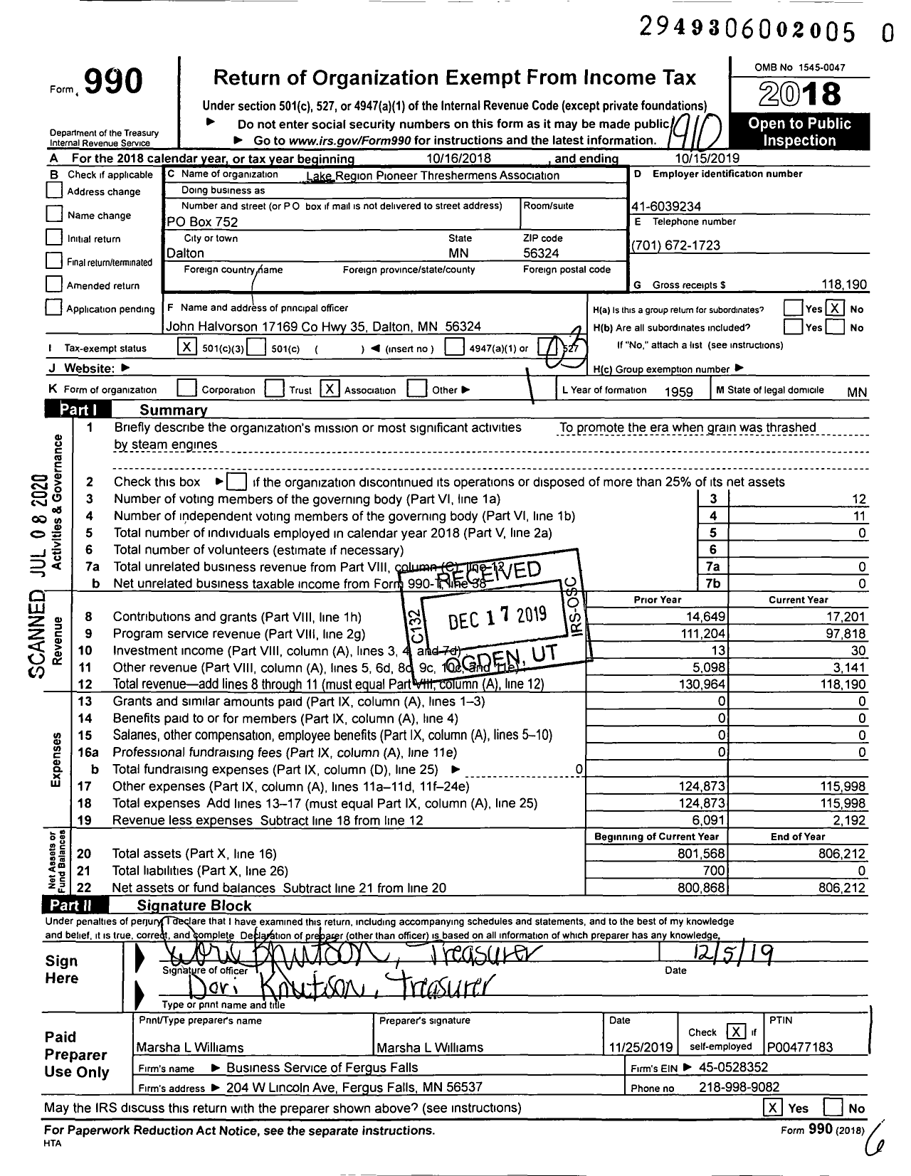 Image of first page of 2018 Form 990 for Lake Region Pioneer Threshermens Association