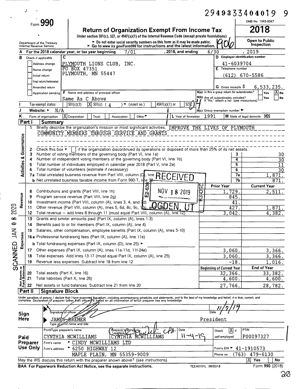 Image of first page of 2018 Form 990O for Lions Clubs - 2980 Plymouth