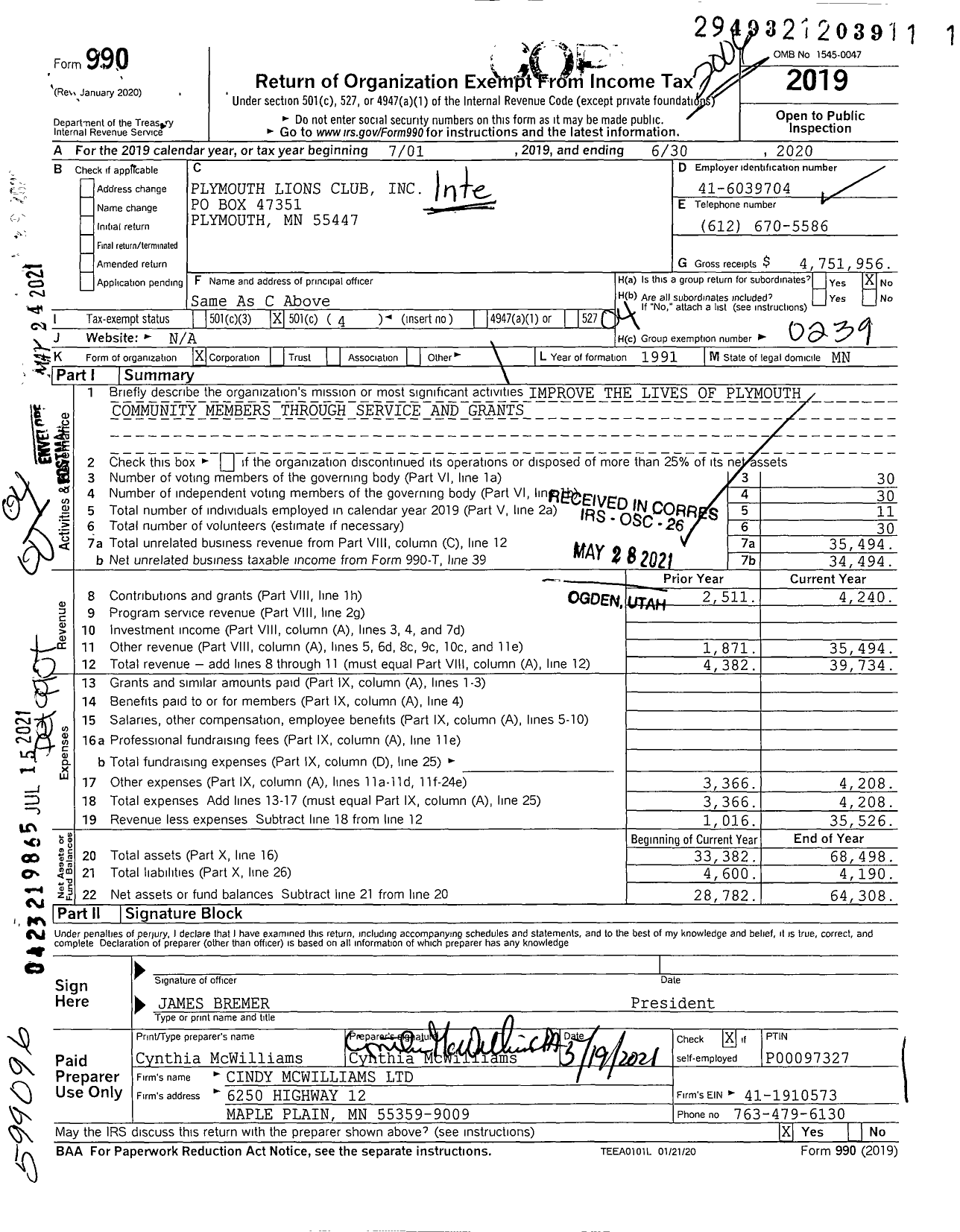 Image of first page of 2019 Form 990O for Lions Clubs - 2980 Plymouth