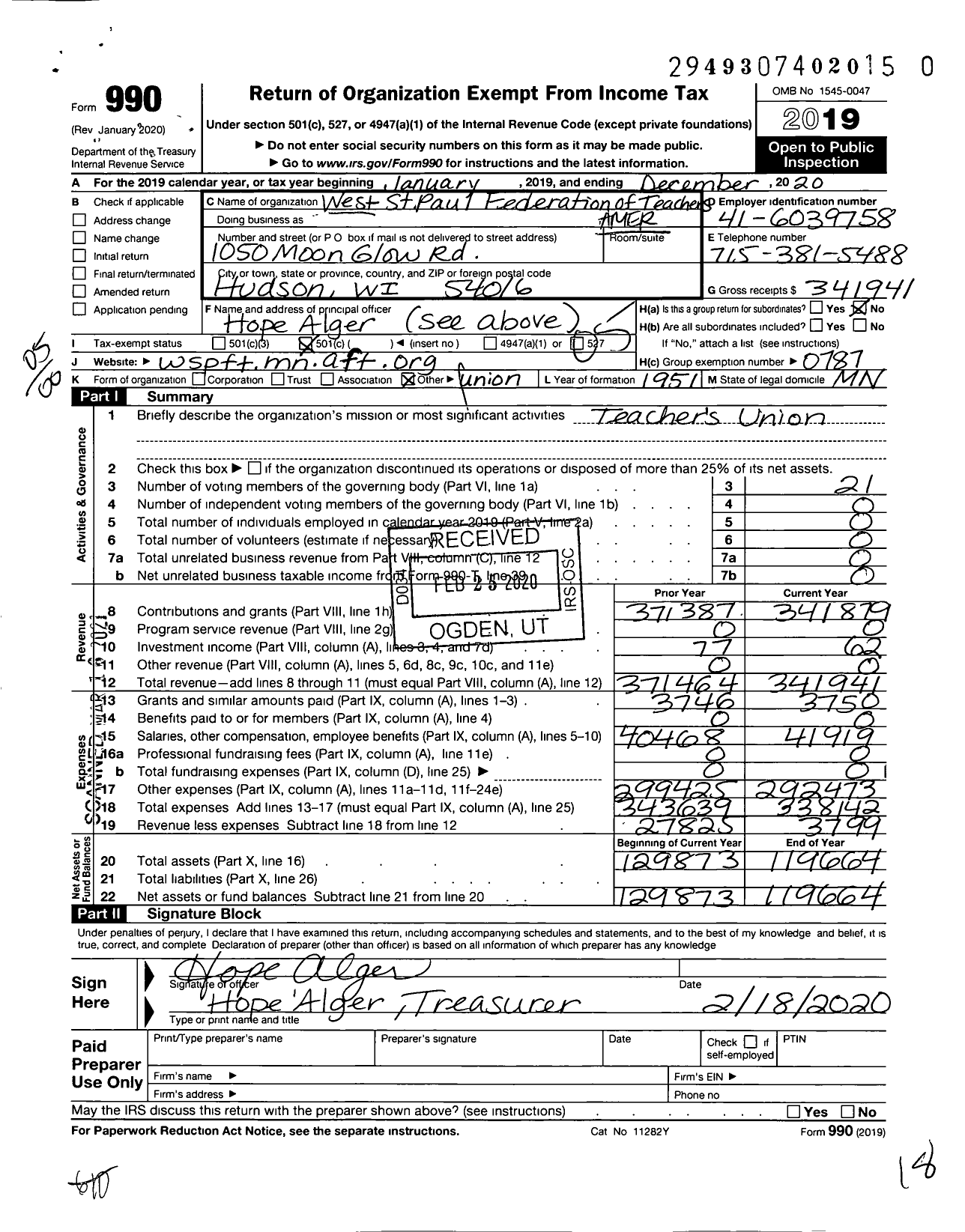 Image of first page of 2019 Form 990O for AMERICAN FEDERATION of TEACHERS - 1148 West St Paul FEDERATION of Tea