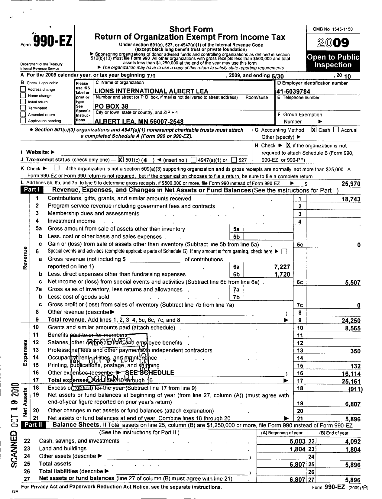 Image of first page of 2009 Form 990EO for Lions Clubs - 3038 Albert Lea