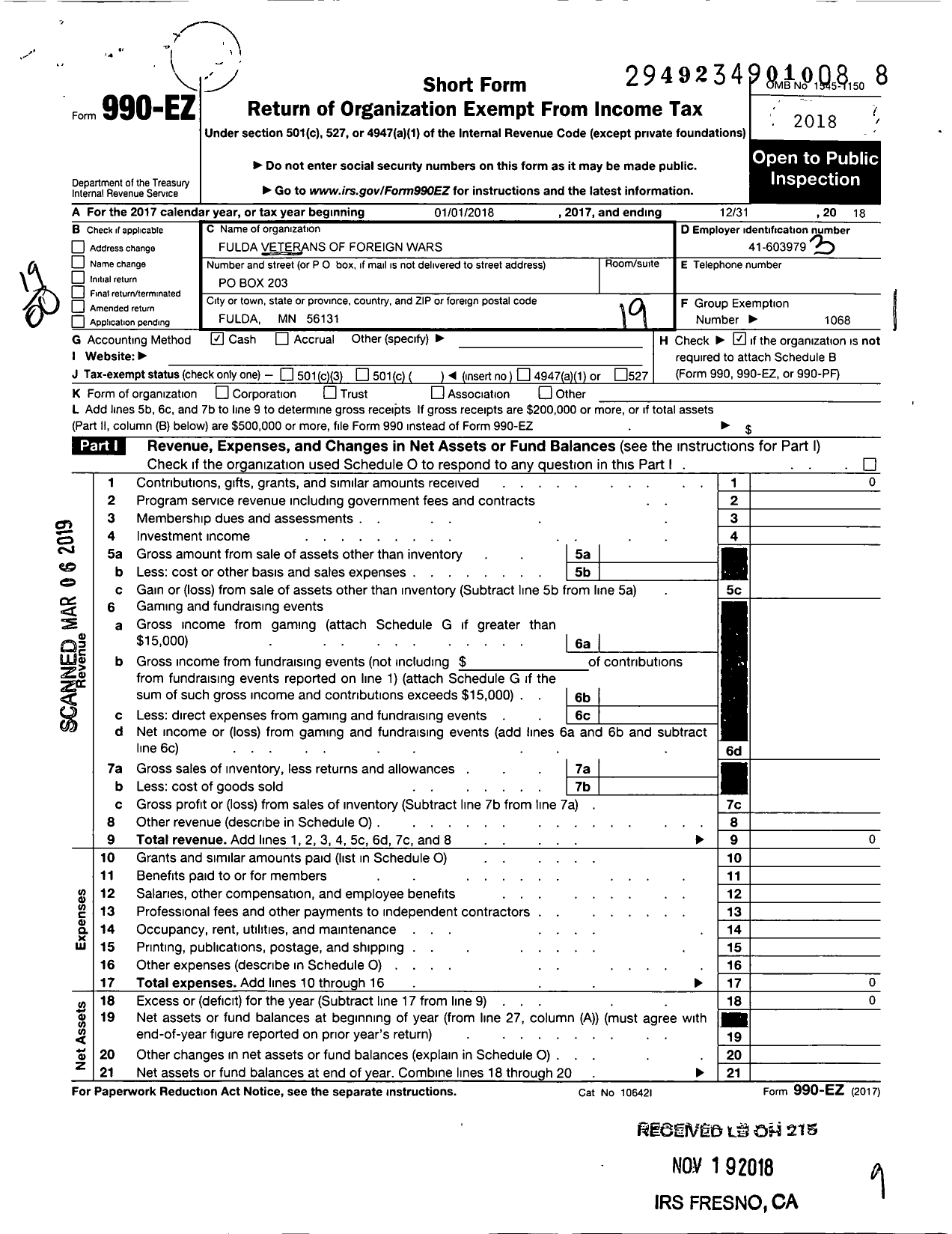 Image of first page of 2018 Form 990EO for MN VFW - Fulda Veterans of Foreign Wars