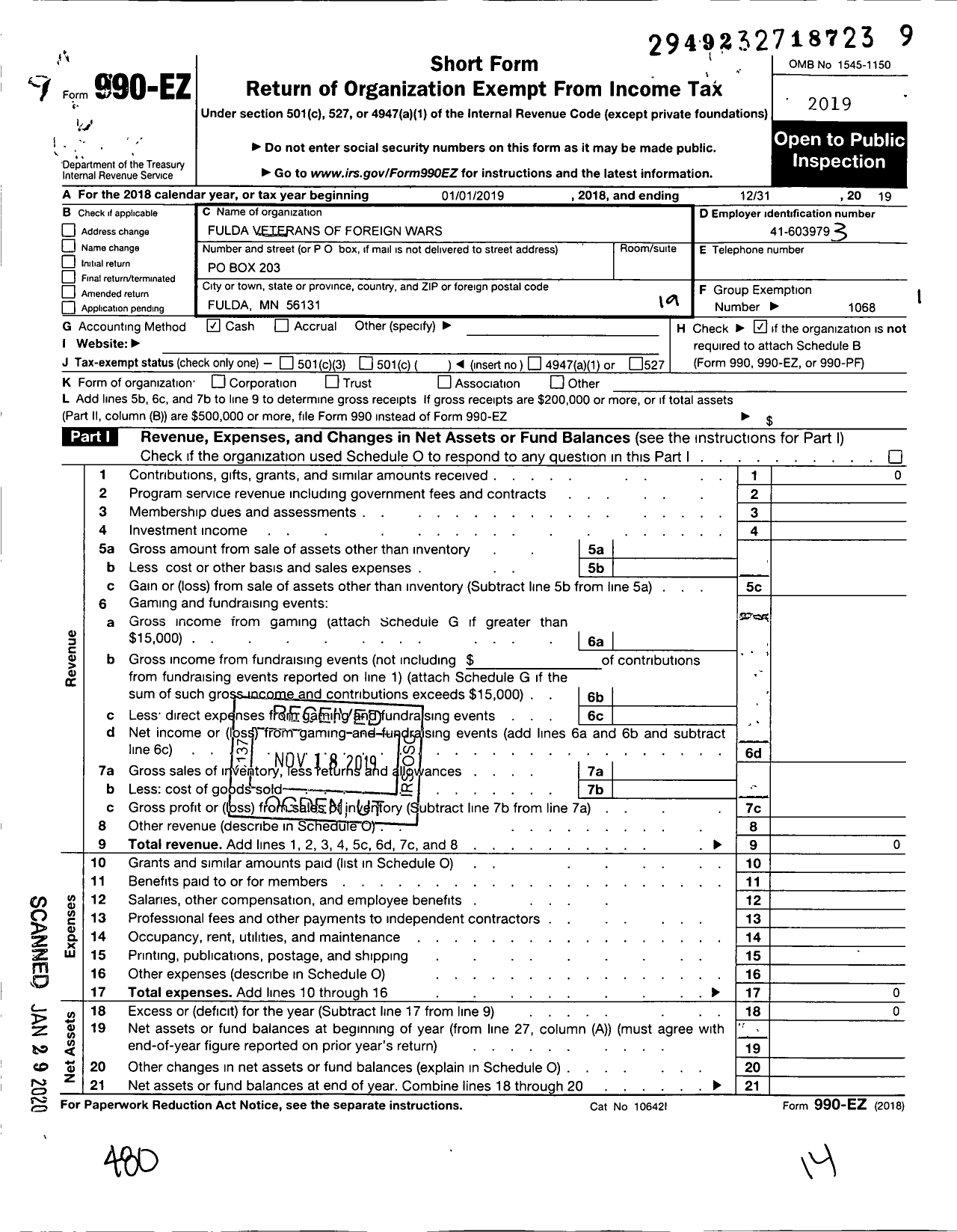 Image of first page of 2019 Form 990EO for MN VFW - Fulda Veterans of Foreign Wars