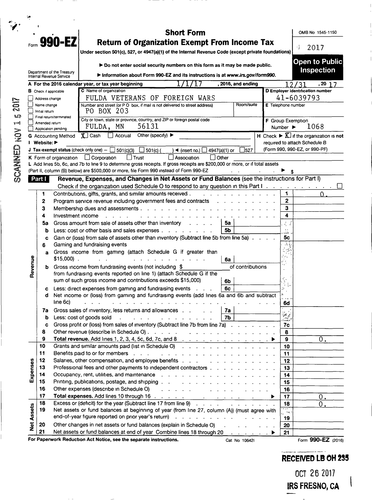 Image of first page of 2017 Form 990EO for MN VFW - Fulda Veterans of Foreign Wars