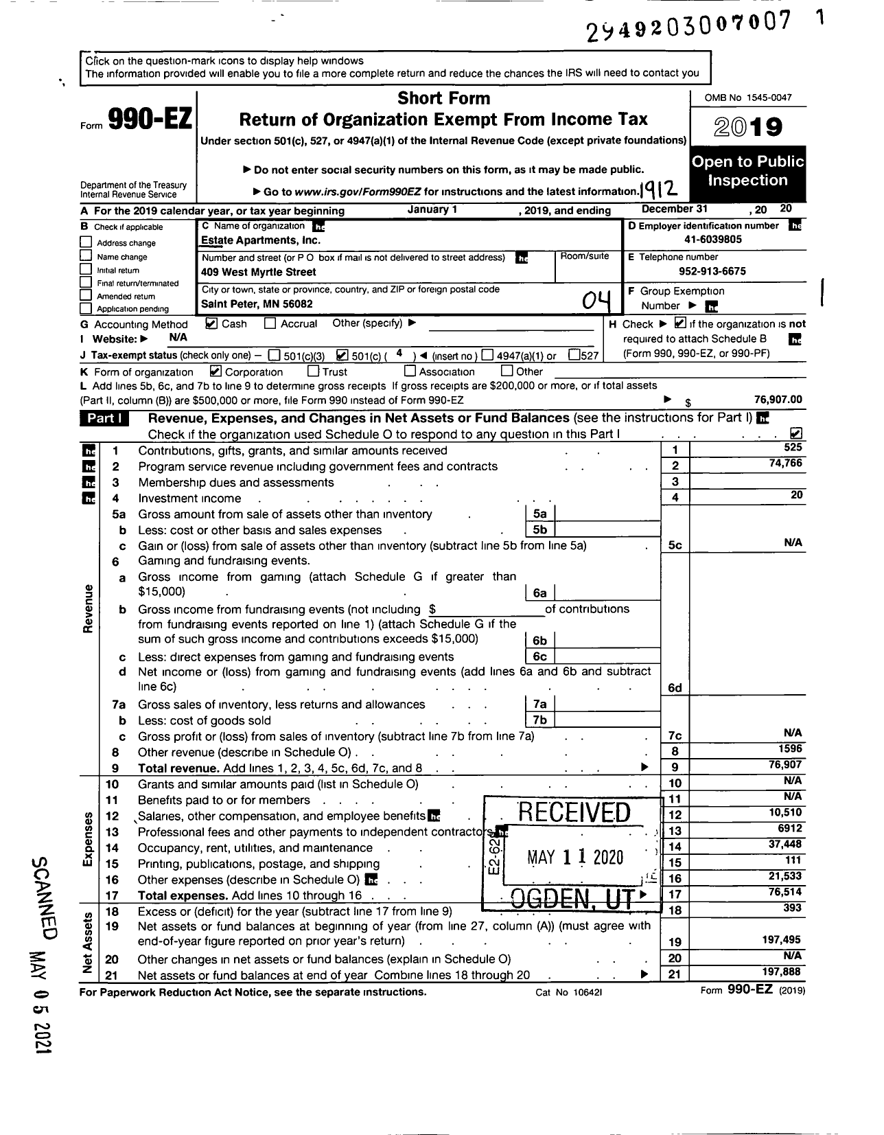 Image of first page of 2019 Form 990EO for Estate Apartments