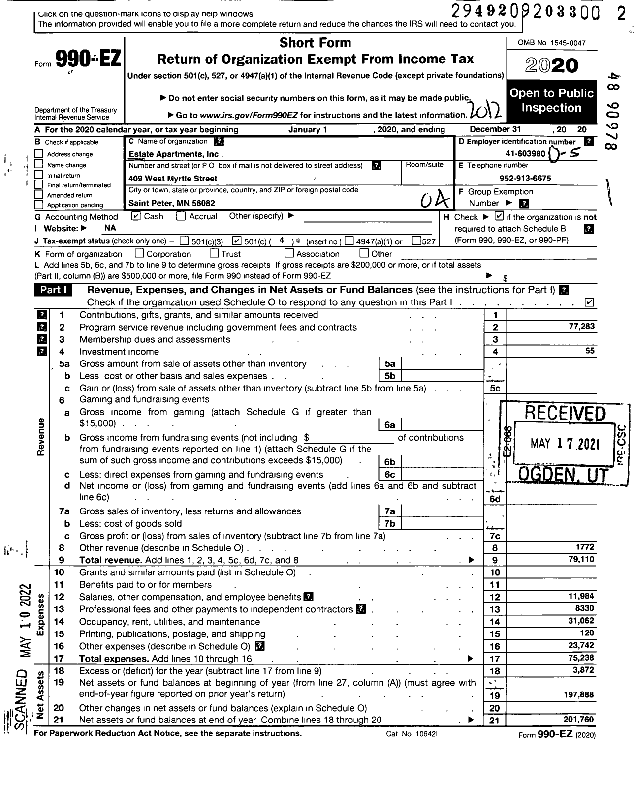 Image of first page of 2020 Form 990EO for Estate Apartments