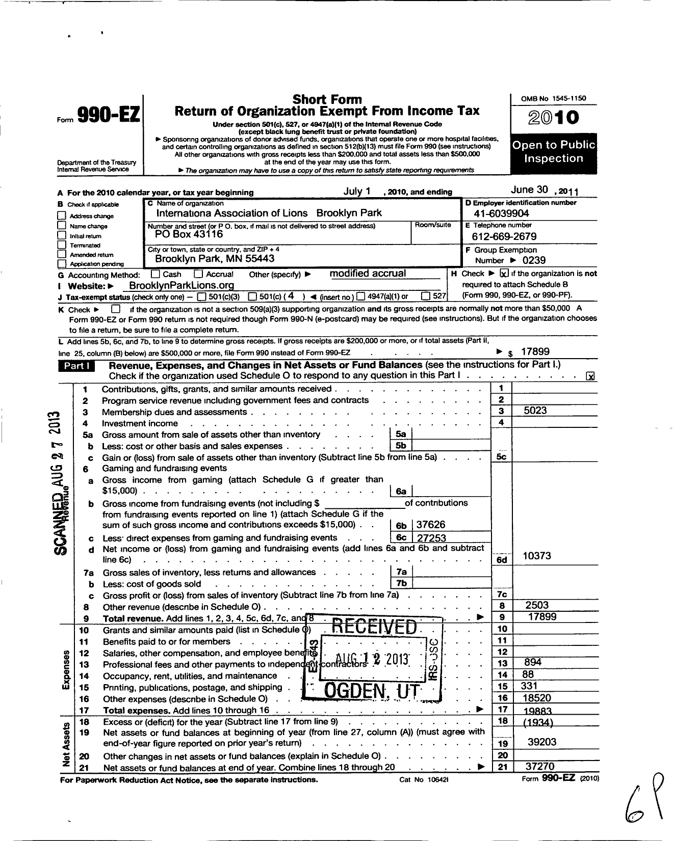 Image of first page of 2010 Form 990EO for Lions Clubs - 2950 Brooklyn Park