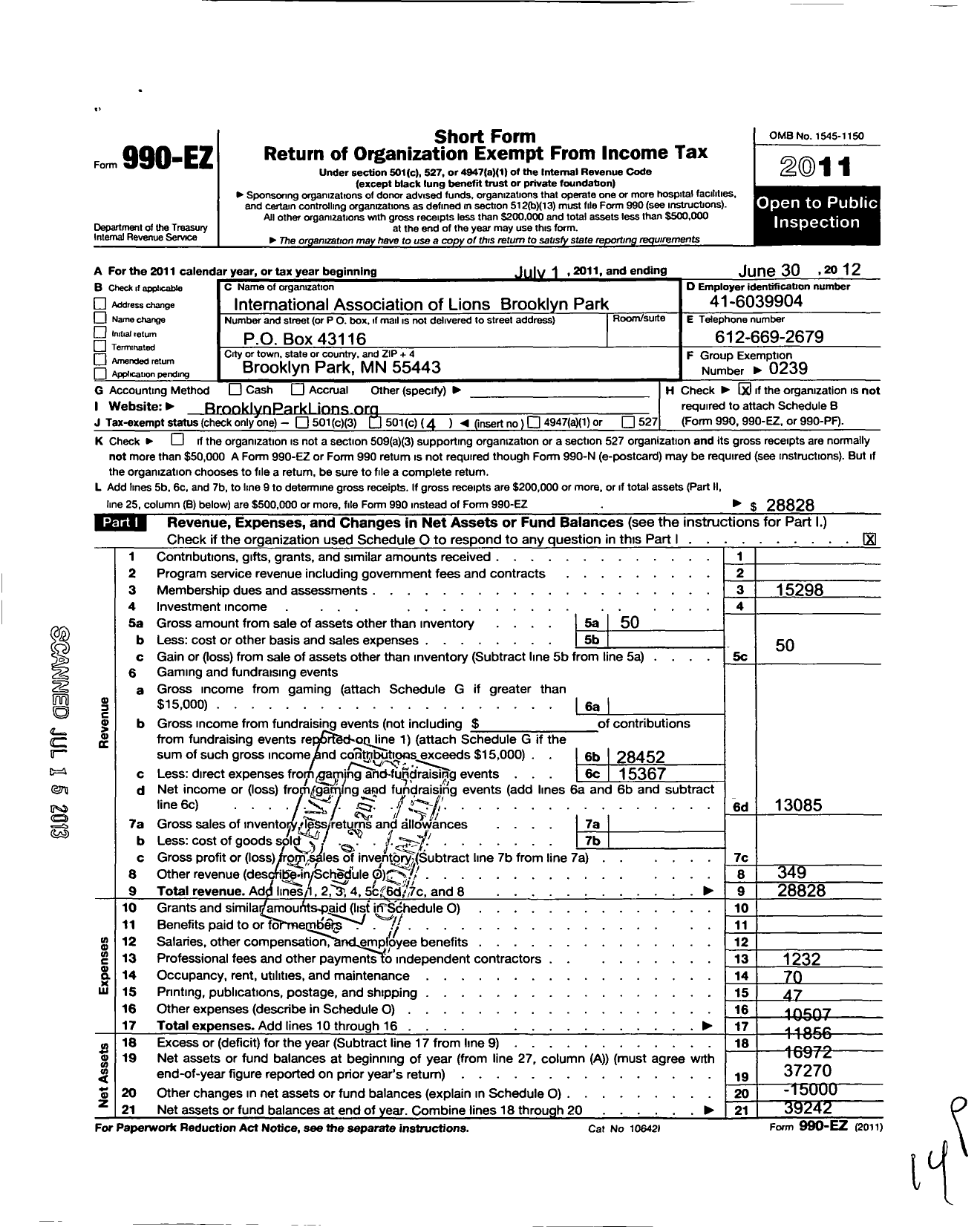 Image of first page of 2011 Form 990EO for Lions Clubs - 2950 Brooklyn Park