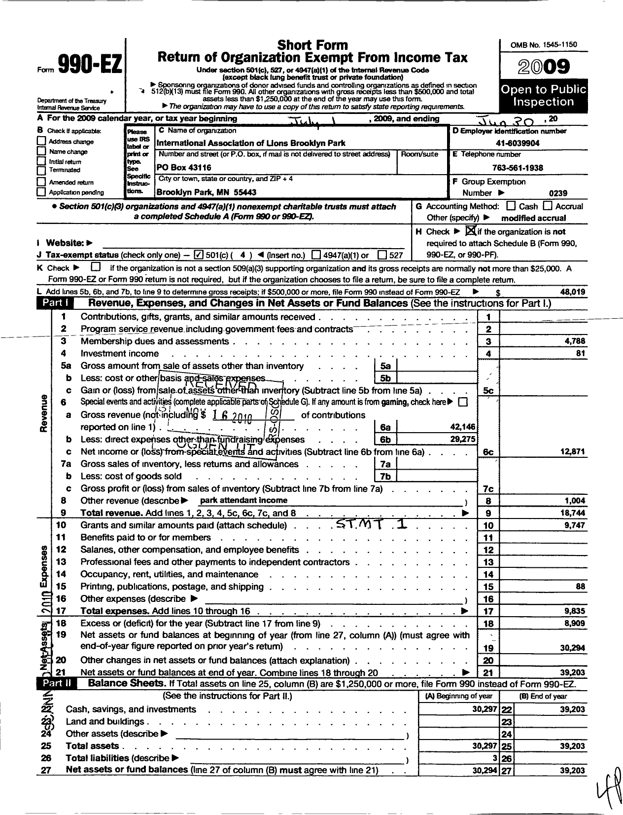 Image of first page of 2008 Form 990EO for Lions Clubs - 2950 Brooklyn Park