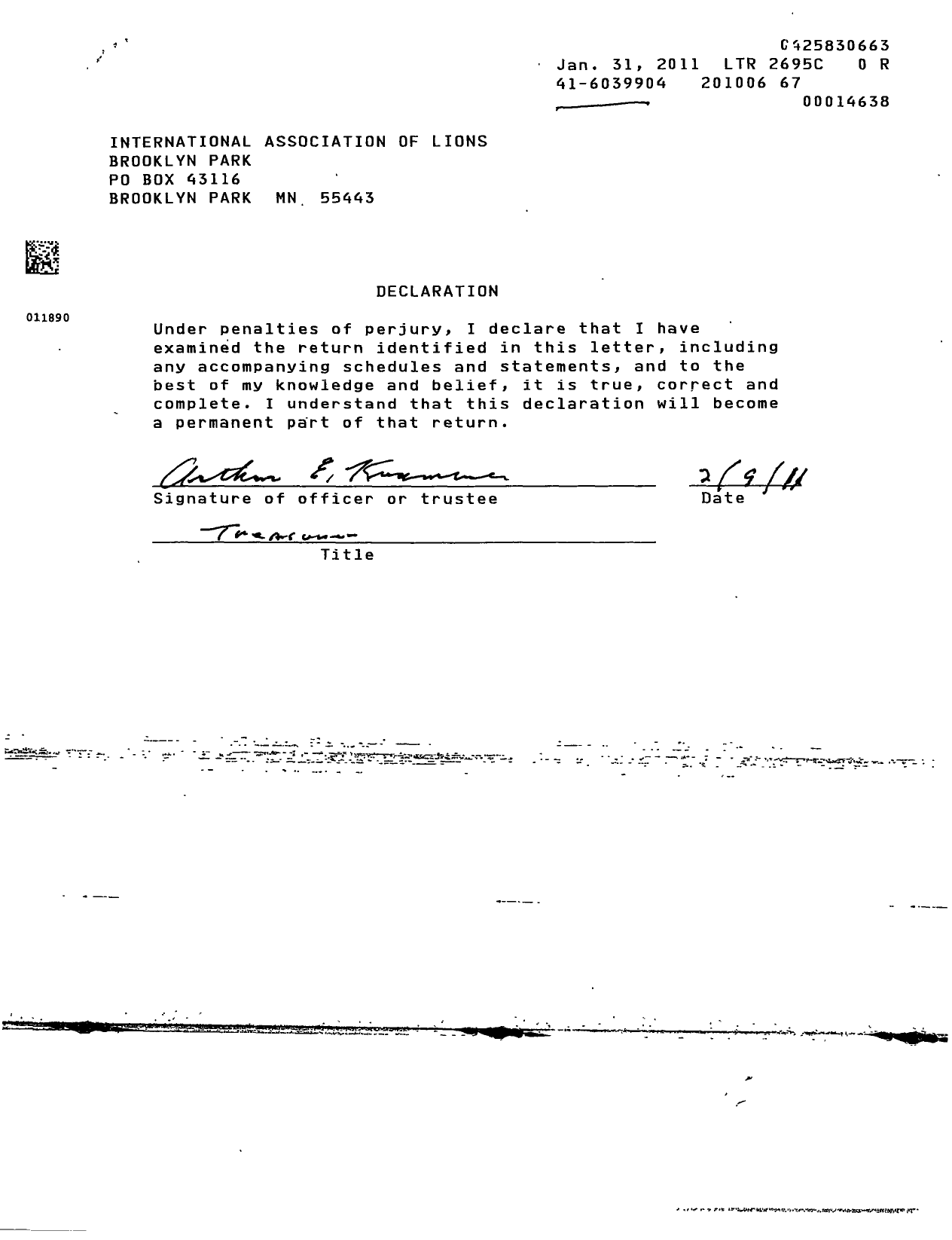 Image of first page of 2009 Form 990EOR for Lions Clubs - 2950 Brooklyn Park